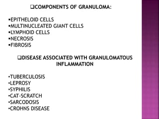 COMPONENTS OF GRANULOMA:
EPITHELOID CELLS
MULTINUCLEATED GIANT CELLS
LYMPHOID CELLS
NECROSIS
FIBROSIS
DISEASE ASSOCIATED WITH GRANULOMATOUS
INFLAMMATION
•TUBERCULOSIS
•LEPROSY
•SYPHILIS
•CAT-SCRATCH
•SARCODOSIS
•CROHNS DISEASE
 