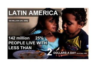 LATIN AMERICA 142 million  25% PEOPLE LIVE WITH LESS THAN DOLLARS A DAY  (World Bank, 2006) 2 566 MILLION (UN, 2008 ) 