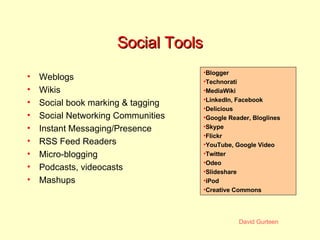 Social Tools <ul><li>Weblogs </li></ul><ul><li>Wikis </li></ul><ul><li>Social book marking & tagging </li></ul><ul><li>Soc...