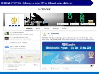 CURRENT SITUATION : Online presence of IMT on different online platforms
11
FACEBOOK
 
