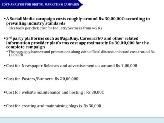 A Social Media campaign costs roughly around Rs 30,00,000 according to
prevailing industry standards
−Facebook per click cost for Industry Sector is from 4-5 Rs
3rd party platforms such as PagalGuy, Careers360 and other related
information provider platforms cost approximately Rs 30,00,000 for the
complete campaign
−The pagalguy banner and promotions along with official discussion board cost around Rs
1,00,000
Cost for Newspaper Releases and advertisements is around Rs 1,00,000
Cost for Posters/Banners: Rs 20,00,000
Cost for website maintenance and hosting : Rs 30,000
Cost for creating and maintaining blogs is Rs 30,000
COST-ANALYSIS FOR DIGITAL MARKETING CAMPAIGN
 