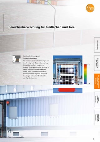 Bereichsüberwachung für Freiflächen und Tore.
Positionsbestimmung von
Transportfahrzeugen.
Für einfache Positionsbestimmungen bie-
tet die integrierte Distanzüberwachung
bis zu 64 einstellbare „Regions of
Interest“ (ROI), also einzelne Bereiche, in
denen Abstände überwacht werden
sollen. Somit kann beispielsweise die
Positionsbestimmung eines Transport-
fahrzeuges unter einer Beladestelle
durchgeführt werden.
Baumaschinen
Agrar-und
Forstwirtschaft
Transport
undLogistik
FreiflächenundTore
Transport
undLogistik
Hafen
Transport
undLogistik
Flughafen
9
0 m
5 m
 