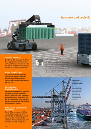 Schnelle Reaktion:
Die 2 x 32-Bit-Prozessor Architek-
tur sorgt für eine sehr schnelle
und zuverlässige Berechnung der
3D-Daten direkt im Sensorsystem
mit bis zu 50 Bildern / Sekunde.
Keine Störeinflüsse:
Die automatische Fremdlicht-
unterdrückung gewährleistet
Erkennungssicherheit selbst
unter voller Sonneneinstrahlung
bei 120 klx.
Zuverlässiger
Parallelbetrieb:
Der zuverlässige Betrieb mehrerer
3D-Sensorsysteme im selben
Bereich wird durch ein Frequenz-
sprungverfahren garantiert, das
bei der Erkennung eines weiteren
Systems automatisch die Modula-
tionsfrequenz ändert.
Reflektoren automatisch
erkennen:
Durch Erkennen stark reflektie-
render Objekte können diese
als Reflektoren klassifiziert und
ausgewertet werden. Selbst
einfache Warnwesten reichen für
diese Erkennung bereits aus.
Transport und Logistik
Fahrerunter-
stützung an einem
Container-Stapel-
kran.
Die automatische
Kollisionsvorher-
sage unterstützt
den Kranführer
bei Positions-
wechseln und
informiert über
Hindernisse im
Fahrweg.
Einfache Abstandskontrolle.
Für simple Bereichsüberwachungen eignet
sich auch die integrierte Funktion ‚Mini-
maler Abstand‘. Sie informiert den Fahrer
bei Erreichen eines Mindestabstands und
signalisiert gleichzeitig, wo dieser nächste
Abstand im Erkennungsfeld liegt.
10
 