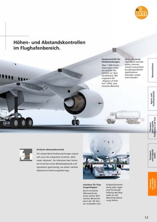 Höhen- und Abstandskontrollen
im Flughafenbereich.
Einfache Abstandskontrolle.
Für simple Bereichsüberwachungen eignet
sich auch die integrierte Funktion ‚Mini-
maler Abstand’. Sie informiert den Fahrer
bei Erreichen eines Mindestabstands und
signalisiert gleichzeitig, wo dieser nächste
Abstand im Erkennungsfeld liegt.
Baumaschinen
Agrar-und
Forstwirtschaft
Transport
undLogistik
FreiflächenundTore
Transport
undLogistik
Hafen
Transport
undLogistik
Flughafen
13
Assistenz für Flug-
zeugschlepper.
Durch einfache
Überwachung
eines vorher defi-
nierten Bereiches
kann der 3D-Sen-
sor entweder eine
Positionierhilfe für
Förderbandwagen.
Über 1.000 Einzel-
messungen erfas-
sen präzise das
Umfeld vor dem
Förderband. Mit
insgesamt 64
„Regions of Inte-
rest“ (ROI), also
einzelne Bereiche
deren Abstände
überwacht werden
sollen, können
schnell und einfach
kundenspezifische
Applikations-
lösungen umge-
setzt werden.
Endpositionsmel-
dung oder sogar
eine Konturab-
bildung des Bug-
rades an die
Maschinensteue-
rung liefern.
 