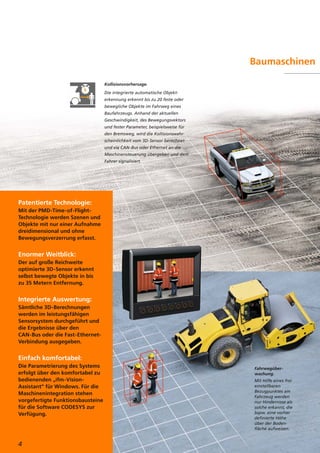 Patentierte Technologie:
Mit der PMD-Time-of-Flight-
Technologie werden Szenen und
Objekte mit nur einer Aufnahme
dreidimensional und ohne
Bewegungsverzerrung erfasst.
Enormer Weitblick:
Der auf große Reichweite
optimierte 3D-Sensor erkennt
selbst bewegte Objekte in bis
zu 35 Metern Entfernung.
Integrierte Auswertung:
Sämtliche 3D-Berechnungen
werden im leistungsfähigen
Sensorsystem durchgeführt und
die Ergebnisse über den
CAN-Bus oder die Fast-Ethernet-
Verbindung ausgegeben.
Einfach komfortabel:
Die Parametrierung des Systems
erfolgt über den komfortabel zu
bedienenden „ifm-Vision-
Assistant“ für Windows. Für die
Maschinenintegration stehen
vorgefertigte Funktionsbausteine
für die Software CODESYS zur
Verfügung.
Baumaschinen
4
Kollisionsvorhersage.
Die integrierte automatische Objekt-
erkennung erkennt bis zu 20 feste oder
bewegliche Objekte im Fahrweg eines
Baufahrzeugs. Anhand der aktuellen
Geschwindigkeit, des Bewegungsvektors
und fester Parameter, beispielsweise für
den Bremsweg, wird die Kollisionswahr-
scheinlichkeit vom 3D-Sensor berechnet
und via CAN-Bus oder Ethernet an die
Maschinensteuerung übergeben und dem
Fahrer signalisiert.
Fahrwegüber-
wachung.
Mit Hilfe eines frei
einstellbaren
Bezugpunktes am
Fahrzeug werden
nur Hindernisse als
solche erkannt, die
bspw. eine vorher
definierte Höhe
über der Boden-
fläche aufweisen.
 