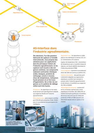 ProcessLine : les répartiteurs et les modu-
les de terrain sont spécifiquement adaptés
aux exigences élevées de l’industrie
agroalimentaire.
Prise vampire inox : prise vampire certifiée
par ECOLAB avec protection IP 68 / IP 69 K
pour le raccordement de participants AS-i
intelligents.
ifm electronic, l’un des premiers
fabricants de capteurs à l’échelle
internationale, vous propose des
solutions pour vos applications
dans les principaux métiers de
l’industrie agroalimentaire. Ici les
capteurs sont soumis à des exi-
gences extrêmes. Les composants
subissent contraintes chimiques
acides, basiques, produits de
nettoyage, canons à mousse,
chocs de température, nettoyeurs
haute pression et un fort taux
d’hygrométrie. De ce fait, les exi-
gences sur le système de câblage
utilisé sont très hautes.
AS-Interface dans
l’industrie agroalimentaire.
Le système RFID code et
identifie les palettes d’une
ligne de production.
Le transmetteur de tempéra-
ture TAA surveille la tempéra-
ture du système.
Répartiteur inox : les répartiteurs à câble
plat en inox distribuent la tension AS-i et /
ou l’alimentation 24 V externe.
Capteur de température TAA : transmetteur
de température avec un excellent temps de
réponse, une haute stabilité mécanique et
l’indice de protection IP 69K.
Circuit imprimé : il permet le raccordement
direct des têtes de vannes au système AS-i.
Capteurs de pression : des gammes parti-
culièrement adaptées aux applications
aseptiques surveillent par exemple la
pression dans l’industrie agroalimentaire
et des boissons. Ils satisfont aux exigences
3A, FDA et EHEDG.
Technologie de connexion : ecolink EVT
est le connecteur optimal pour zones
aseptiques et humides. Des câbles PVC et
matières de haute qualité pour les boîtiers,
des écrous inox ainsi que les indices de
protection IP 68 et IP 69K assurent une
étanchéité élevée entre le capteur et le
module.
ProcessLine
Capteur de température
Circuit imprimé
Prise vampire inox
Prise vampire
inox
Capteur de pression
Répartiteur inox
 