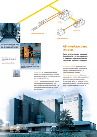 Des détecteurs inductifs détec-
tent de manière fiable la posi-
tion de trappes dans un silo.
Détecteurs inductifs, le meilleur choix
pour des applications silo : boîtiers M18
robustes, capteurs certifiés ATEX et
capteurs en boîtier plastique.
Technologie de connexion : les connec-
teurs de la série ecolink EVCxxA possèdent
le certificat d’examen CE de type de
DEKRA EXAM. Selon les exigences strictes
des normes ils peuvent être utilisés dans les
zones ATEX des catégories 2D, 3D et 3G.
Outre la détection du niveau et
du volume de ces grandes cuves,
la surveillance de la position de
trappes est un aspect important.
Plus d’informations sur la
commande des vannes à
tiroir sur :
www.ifm.com/fr/svc
A un prix compétitif : com-
mande directe des vérins par
l’AirBox AS-i.
AS-Interface dans
les silos.
ClassicLine : les électrovannes de com-
mande d’un vérin pneumatique peuvent
être pilotées de façon conventionnelle via
des modules ClassicLine.
AirBox : le module pneumatique pour la
commande de trappes dans des silos.
Il est une alternative à coût optimisé à la
commande conventionnelle des vannes
par des vérins.
ClassicLine
AirBox
Détecteurs inductifs
Détecteur inductif
 