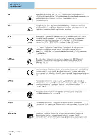 3A 3A Sanitary Standards, Inc. (3A SSI) - независимая некоммерческая
организация, занимающаяся продвижением и сертификацией гигиенического
оборудования для пищевой, питьевой и фармацевтической
промышленности.
AS-i Интерфейс AS (англ. Actuator Sensor Interface) — интерфейс датчиков
и исполнительных устройств. Промышленная сеть, предназначенная для
передачи преимущественно дискретных сигналов.
ATEX Atmosphère Explosible. ATEX включает директивы Европейского Союза,
описывающие требования к оборудованию и работе в потенциально
взрывоопасной среде: директива ATEX- 94/9/EG по оборудованию
и директива ATEX -1999/92/EG, касающаяся рабочего места.
CCC CCC (China Compulsory Certification) - Сертификат об обязательной
сертификации продукции для Китая. Категории товаров указаны
в каталоге продукции, составленном компетентными государственными
органами КНР.
cCSAus Сертификация продукции контрольным ведомством CSA (Canadian
Standard Association) по стандартам безопасности, действующим
в Канаде и США.
CE Маркировка CE (аббревиатура фр. Conformité Européenne — европейское
соответствие) – особый знак, который наносят на изделие, и который
удостоверяет, что изделие соответствует основным требованиям директив
ЕС.
cRUus Проверка компонентов организацией UL (Underwriter Laboratory) на
соответствие стандартам безопасности, действующих в Канаде и США.
Ее основная задача - проверка изделий с точки зрения общей
безопасности.
CSA Канадская ассоциация по стандартам, занимающаяся вопросами
сертификации качества продукции.
cULus Проверка компонентов контрольным ведомством UL (Unterwriters
Laboratories) по стандартам безопасности, действующим в Канаде и США.
DIBt (WHG) Deutsches Institut für Bautechnik (Wasserhaushaltsgesetz). Немецкий
федеральный закон о регулировании водного режима (WHG)
регламентирует действия государства в сфере охраны водных ресурсов.
Стандарты и
сертификаты
www.ifm.com/ru
10
 