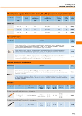 Многолучевые барьеры безопасности (Тип 4, SIL 3, PL e) с шириной защитной зоны до 6 м
Конструкция Размеры
[мм]
Кол-во
лучей
Высота
защищ. зоны
[мм]
Ширина
защищ. зоны
[м]
Время
отклика
[мс]
Напря-
жение
[В]
Код
товара
Разъём M12
L x 50 x 60 2 510 0...6 / 0...6 10 24 OY901S
L x 50 x 60 3 810 0...6 / 0...6 10,5 24 OY902S
L x 50 x 60 4 910 0...6 / 0...6 10,5 24 OY903S
Принадлежности
Конструкция Описание Код
товара
Угловое зеркало · Длина: 715 mm · для многолучевых барьеров безопасности · Высота защищённой зоны ·
610 mm · для многолучевых барьеров безопасности · 2 луча · для OY · Материал: алюминий с эпоксидно-
порошковым покрытием / пластмасса / Принадлежности: сталь оцинкованный
EY1004
Угловое зеркало · Длина: 1060 mm · для многолучевых барьеров безопасности · Высота защищённой зоны ·
910 mm · для многолучевых барьеров безопасности · 3 луча · для OY · Материал: алюминий с эпоксидно-
порошковым покрытием / пластмасса / Принадлежности: сталь оцинкованный
EY1006
Угловое зеркало · Длина: 1230 mm · для многолучевых барьеров безопасности · Высота защищённой зоны ·
1060 mm · для многолучевых барьеров безопасности · 4 луча · для OY · Материал: алюминий с эпоксидно-
порошковым покрытием / пластмасса / Принадлежности: сталь оцинкованный
EY1007
Угловое зеркало с основанием
Конструкция Описание Код
товара
Угловое зеркало с основанием · Длина: 1010 mm · для многолучевых барьеров безопасности · 2 луча ·
для многолучевых барьеров безопасности · ≤ 760 mm · для OY · Материал: алюминий с эпоксидно-порошковым
покрытием / пластмасса
EY1011
Угловое зеркало с основанием · Длина: 1340 mm · для многолучевых барьеров безопасности · 3 луча · 4 луча ·
для многолучевых барьеров безопасности · ≤ 1060 mm · для OY · Материал: алюминий с эпоксидно-порошковым
покрытием / пластмасса
EY1013
Разъёмы
Конструкция Кабель Сечение
жил кабеля
Материал
корпуса /
гайки
Напря-
жение
[В]
Темп-ра
окр. сре-
ды [°C]
Степень
защиты
LED Код
товара
Гнездо с кабелем M12, 5 -полюсный, 5 -проводный
5 м оранжевый
PVC
5 x 0,34 мм2, Ø 5,1 мм
PVC /
нерж. сталь V4A
60 AC
60 DC
-25...100
IP 65 /
IP 67 /
IP 68 /
IP 69K
– EVT010
Гнездо с кабелем M12, 8/7 -полюсный, 8 -проводный
5 м чёрный
PUR
8 x 0,25 мм2 TPU /
латунь
30 AC
36 DC
-40...80 IP 67 – E12166
Многолучевые
барьеры безопасности
145
 