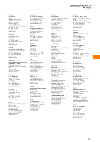 France
ifm electronic
Siège :
Savoie Technolac BP226
73374 Le Bourget du Lac
Agence commerciale :
Immeuble Uranus
1-3 rue Jean Richepin
93192 NOISY LE GRAND CEDEX
Tel. 0820 22 30 01
Fax 0820 22 22 04
info.fr@ifm.com
www.ifm.com/fr
Germany
ifm electronic gmbh
Friedrichstr. 1
45128 Essen
Tel. +49 201 24 22 0
Fax +49 201 24 22 12 00
info@ifm.com
www.ifm.com/de
Greece
ifm electronic monoprosopi E.P.E.
27, Andrea Papandreou Street
15125 Amaroussi
Tel. +30 210 61 800 90
Fax +30 210 61 994 00
info.gr@ifm.com
www.ifm.com/gr
Guatemala
Ingenieros Civiles Electromecánicos
Asociados, S.A. (IASA)
20 Calle 25-55 Zona 12
Empresarial El Cortijo III Bodega n°
907,
Guatemala City
Tel. 502 - 24626636
info@iasa.com.gt
Honduras
R y D INDUSTRIAL
Bo. Paz Barahona
11 Ave. 14 y 15 Calle
S.O. #142
San Pedro Sula
Tel. +(504) 2550-3703
Tel. +(504) 2558-9313
ventas@rydindustrial.com
Hungary
ifm electronic kft.
Szent Imre út 59. I.em.
H-9028 Győr
Tel. +36-96 / 518-397
Fax +36-96 / 518-398
info.hu@ifm.com
www.ifm.com/hu
India
ifm electronic India Private Limited
Plot No. P-39/1
MIDC Gokul Shirgaon
Kolhapur – 416234
Maharashtra State
Tel. +91 / 231 / 267 27 70
Fax +91 / 231 / 267 23 88
info@ifm-electronic.in
www.ifm.com/in
Indonesia
PT Indoserako Sejahtera
Jl. P. Jayakarta 121 No. 59
10730 Jakarta Pusat
Tel. +62 / 21 6 24 8923
Fax +62 / 21 6 24 8922
harry@indoserako.com
Ireland
ifm electronic (Ireland) Ltd.
No. 7, The Courtyard
Kilcarbery Business Park
New Nangor Road
Clondalkin
Dublin 22
Tel. +353 / 1 / 461 32 00
Fax +353 / 1 / 457 38 28
sales_ie@ifm.com
www.ifm.com/ie
Israel
Astragal Ltd.
3, Hashikma Str.
Azur 58001
P.O. Box 99
Azur 58190
Tel. +972 / 3 / 5 59 16 60
Fax +972 / 3 / 5 59 23 40
astragal@astragal.co.il
www.astragal.co.il
Italy
ifm electronic
Centro Direzionale Colleoni
Palazzo Andromeda 2
Via Paracelso n. 18
20864 Agrate Brianza (MB)
Tel. +39 (0)39-6899982
Fax +39 (0)39-6899995
info.it@ifm.com
www.ifm.com/it
Japan
efector co. ltd.
18F WBG Marive-west
2-6-1 Nakase, Mihama-ku
Chiba-shi, Chiba 261-7118
info.jp@ifm.com
www.ifm.com/jp
Jordan
Al Mashreqan Trading Supplies
P.O.Box.851054
11185 Swaifieh
Amman
Tel. +962 6 581 8841
Fax +962 6 581 8892
info@mashreqan.com
Korea
ifm electronic Ltd.
Hyundai Liberty House 201
Dokseodang-ro Yongsan-Gu
140-884 Seoul
Tel. +82 2-790-5610
Fax +82 2-790-5613
info.kr@ifm.com
www.ifm.com/kr
Kuwait
Kana Controls
2nd Floor Khalid Fauzan Building
Building No. 1670
Street No. 7, Block No. 1
Al-Rai Industrial Area,
P.O. Box - 25593,
13116 Safat
Tel. +965-24741537
Fax +965-24741537
info@kanacontrols.com
www.kanacontrols.com
Latvia
EC Systems
Katlakalna Str. 4A
1073 Riga
Tel. +371 724 1231
Fax +371 724 8478
alnis@ecsystems.lv
www.ecsystems.lv
Lebanon
Middle East Development Co. SAL
(MEDEVCO)
Medevco Building
Jeita Main Road
Jeita - Kesrouan, Lebanon
Mail address :
P.O.Box 67
Jounieh
Lebanon
Tel. +961-9-233550
Fax +961-9-233554
info@medevco-lebanon.com
Lithuania
Elinta UAB
Terminalo g. 3, Biruliškių k.,
Karmėlavos sen.
LT-54469 Kauno raj. (Kauno LEZ)
Tel. +370 37 351 999
Fax +370 37 452 780
sales@elinta.lt
www.elintosprekyba.lt
Malaysia & Singapore
ifm electronic Pte. Ltd
Malaysian Branch Office
No. 9F – 2A, 9th Floor,
Tower 4 @ PFCC, Jalan Puteri 1/2,
Bandar Puteri Puchong,
47100 Puchong, Selangor
Tel. + 603 8066 9853
Fax + 603 8066 9854
sales.my@ifm.com
www.ifm.com/my
Singapore Branch Office
25, International Business Park
#03-26/29 German Center
609916 Singapore
Tel. +6565628661
Fax +6565628660
sales.sg@ifm.com
www.ifm.com/sg
Mexico
ifm efector S. de R.L. de C.V.
Ave. Arq. Pedro Ramírez Vázquez
200-4
Planta Baja, Col. Valle Oriente.
San Pedro Garza García, N.L. 66269
Tel. +52-81-8040-3535
Fax +52-81-8040-2343
clientes.mx@ifm.com
www.ifm.com/mx
Morocco
SOFIMED
137, Boulevard Moulay Ismaïl -
Roches Noires
20290 - Casablanca
Tel. +212 522 240 101
Fax +212 522 240 100
www.sofimed.ma
Namibia
ifm electronic (pty) Ltd
1 Basement Office,
Decor House
25 Dr. W. Kulz Street
Windhoek
Namibia
Tel. +264 61 300984 / 300998
Fax +264 61 300910
Fax to email +264 88 651 9943
info.na@ifm.com
www.ifm.com/na
Netherlands
ifm electronic b.v.
Deventerweg 1 E
3843 GA Harderwijk
Tel. +31 / 341 438 438
Fax +31 / 341 438 430
info.nl@ifm.com
www.ifm.com/nl
New Zealand
ifm efector pty ltd.
Unit 13, 930 Great South Road
Penrose, Auckland
Tel. +64 / 95 79 69 91
Fax +64 / 95 79 92 82
sales.nz@ifm.com
www.ifm.com/nz
Nigeria
Automated Process Ltd
3rd Floor, 32 Lagos Abeokuta
Expressway
Near Cement Bus Stop
Dopemu, Agege
Lagos State
Tel. + 234 / 01 / 4729 967
Fax + 234 /01 / 4925 865
sales@automated-process.com
www.automated-process.com
Norway
Siv.Ing. J.F.Knudtzen AS
Billingstadsletta 97
1396 Billingstad
Postboks 160
1378 Nesbru
Tel. +47 / 66 98 33 50
Fax +47 / 66 98 09 55
firmapost@jfknudtzen.no
www.jfknudtzen.no
Адреса представительств
ifm в мире
241
 