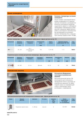 Линия охлаждения
Контроль температуры на линиях
охлаждения
После отливки шоколадной массы
формы возвращаются в первона-
чальное положение и охлаждаются.
Качество шоколадной продукции
существенно зависит от соблюдения
необходимых температурных режи-
мов. Для повышения эффективности
работы шоколадного производства
мы рекомендуем использовать
датчики температуры ifm с повышен-
ной степенью защиты IP 68 / IP 69K.
Упаковочная машина
Оптическое обнаружение
шоколада на упаковочных
машинах
Фотоэлектрический датчик O6
используется для оптического
обнаружения плиток шоколада на
упаковочных машинах. Он имеет
гладкий корпус из нержавеющей
стали и пластиковую линзу,
устойчивую к повреждению.
Производство кондитерских
изделий
50
www.ifm.com/ru
Датчики температуры с высокой динамикой срабатывания · Другие датчики на стр. 173
Конструкция Диапазон
измерения
[°C]
Подключение
к процессу
Установочная
длина
[мм]
Чувств.
элемент
Динамика реакции
срабатывания T05 / T09
[с]
Код
товара
-40...150
G½ с
уплотнительным
конусом
150 1 x Pt 100 1 / 3 TM4541
Устройства оценки сигналов для датчиков температуры · Другие датчики на стр. 173
Конструкция Диапазон
измерения
[°C]
Подключение
к процессу
Светодиод.
индикация
Напряжение
[В]
Потребление
тока
[мA]
Нагрузка
[мA]
Код
товара
-40...300 G ½ A Дисплей 18...32 50 250 TR2432
Фотоэлектрический датчик для гигиенических и влажных сред. · Другие датчики на стр. 103
Корпус Принцип
действия
Диапазон Тип света Диаметр
свет.
пятна
[мм]
Режим
срабатывания
H = на свет
D = на затемнение
Код
товара
Подавление заднего фона 2...200 мм красный 8 H/D PNP O6H300
 