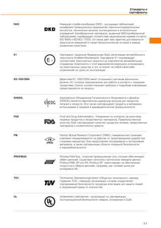 DKD Немецкая служба калибровки (DKD) - ассоциация лабораторий
калибровки промышленных предприятий, научно-исследовательских
институтов, технических органов, инспекционных и испытательных
учреждений. Калибровочный сертификат, выданный DKD-калибровочной
лабораторией, подтверждает соответствие национальным нормам согласно
ISO 9000 и ISO/IEC 17025. Он также даёт вам гарантию достоверности
результатов измерений и служит метрологической основой в рамках
управления качеством.
E1 Сертификат, выданный Федеральным бюро регистрации автомобильного
транспорта (Kraftfahrt-Bundesamt). Сертификат E1 подтверждает
соответствие транспортных средств и их компонентов автомобильным
стандартам. Компоненты с этой маркировкой разрешено устанавливать
на транспортные средства, и это не влечет за собой каких-либо
ограничений по сроку их эксплуатации.
EG 1935/2004 Директива EC 1935/2004 имеет отношение к датчикам физических
величин ifm, которые предназначены для работы в контакте с пищевыми
продуктами. Список соответствующих приборов и подробная информация
предоставляются по запросу.
EHEDG Европейское Объединение Гигиенического Инжиниринга и Дизайна
(EHEDG) является европейским надзорным органом для продуктов
питания и лекарств. Этот орган сертифицирует продукты и материалы
используемые в пищевой и фармацевтической промышленности.
FDA Food and Drug Administration - Управление по контролю за качеством
пищевых продуктов и лекарственных препаратов. Правительственное
агенство США сертифицирует качество продуктов питания, лекарственных
препаратов и косметических средств.
FM Factory Mutual Research Corporation (FMRC). Американская страховая
компания специализируется на работах по предотвращению ущерба при
страховке имущества. Она предоставляет исследование и тестирование
материала, а также сертификацию области пожарной безопасности
и взрывобезопасности.
PROFIBUS Process Field Bus - открытая промышленная сеть, которая обеспечивает
обмен данными. Существует несколько протоколов передачи данных:
Profibus FMS, DP или PA. Profibus DP ориентирован на обеспечение
скоростного обмена данными, например, как полевая шина для
интерфейса AS.
TÜV Technischer Überwachungs-Verein (Общество технического надзора
Германии TÜV) - немецкая организация, которая осуществляет
подтверждения безопасности продукции всех видов для защиты людей
и окружающей среды от опасностей.
UL Underwriters Laboratories - организация по сертификации
эксплуатационной безопасности товаров, основанная в США.
Стандарты и
сертификаты
11
 