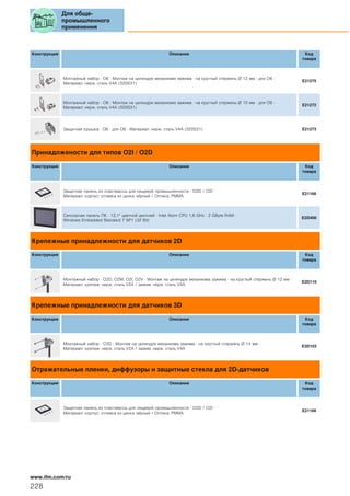Конструкция Описание Код
товара
Монтажный набор · O6 · Монтаж на цилиндре механизма зажима · на круглый стержень Ø 12 мм · для O6 ·
Материал: нерж. сталь V4A (320S31)
E21275
Монтажный набор · O6 · Монтаж на цилиндре механизма зажима · на круглый стержень Ø 10 мм · для O6 ·
Материал: нерж. сталь V4A (320S31)
E21272
Защитная крышка · O6 · для O6 · Материал: нерж. сталь V4A (320S31) E21273
Принадлжености для типов O2I / O2D
Конструкция Описание Код
товара
Защитная панель из пластмассы для пищевой промышленности · O2D / O2I ·
Материал: корпус: отливка из цинка чёрный / Оптика: PMMA
E21166
Сенсорная панель ПК · 12,1" цветной дисплей · Intel Atom CPU 1,6 GHz · 2 GByte RAM ·
Windows Embedded Standard 7 SP1 (32 Bit)
E2D400
Крепежные принадлежности для датчиков 2D
Конструкция Описание Код
товара
Монтажный набор · O2D, O2M, O2I, O2V · Монтаж на цилиндре механизма зажима · на круглый стержень Ø 12 мм ·
Материал: крепеж: нерж. сталь V2A / зажим: нерж. сталь V4A
E2D110
Крепежные принадлежности для датчиков 3D
Конструкция Описание Код
товара
Монтажный набор · O3D · Монтаж на цилиндре механизма зажима · на круглый стержень Ø 14 мм ·
Материал: крепеж: нерж. сталь V2A / зажим: нерж. сталь V4A
E3D103
Отражательные пленки, диффузоры и защитные стекла для 2D-датчиков
Конструкция Описание Код
товара
Защитная панель из пластмассы для пищевой промышленности · O2D / O2I ·
Материал: корпус: отливка из цинка чёрный / Оптика: PMMA
E21166
Для обще-
промышленного
применения
228
www.ifm.com/ru
 