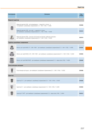 Конструкция Описание Код
товара
Вварной адаптер
Вварной адаптер D30 · для резервуаров · с защитой от утечки · д
ля приборов с резьбовым соединением G ½ · V4A / 316L / 1.4435
E43309
Вварной адаптер D29 · для труб · с защитой от утечки ·
для приборов с резьбовым соединением G ½ · V4A / 316L / 1.4435
E43310
Вварной адаптер D50 · длинное исполнение для более глубокой установки ·
для приборов с резьбовым соединением G ½ · V4A / 316L / 1.4435
E43319
Трубное резьбовое соединение
Фитинг для труб DN25 (1") · DIN 11851 · для приборов с резьбовым соединением G ½ · V4A / 316L / 1.4435 E43304
Фитинг для труб DN40 (1,5") · DIN 11851 · для приборов с резьбовым соединением G ½ · V4A / 316L / 1.4435 E43305
Фитинг для труб SMS DN25 · для приборов с резьбовым соединением G ½ · нерж.сталь 316L / 1.4404 E33430
Уплотняющая заглушка
Уплотняющая заглушка · для приборов с резьбовым соединением G ½ · V4A / 316L / 1.4435 E43308
Адаптер
Адаптер G ¾ · для приборов с резьбовым соединением G ½ · V4A / 316L / 1.4435 E43302
Адаптер G 1 · для приборов с резьбовым соединением G ½ · V4A / 316L / 1.4435 E43303
Адаптер ¾" NPT · для приборов с резьбовым соединением G ½ · нерж.сталь 316L / 1.4404 E43313
Адаптер
237
 