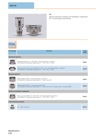 G1
Данные адаптеры подходят для резьбовых соединений
G1 с коническим уплотнением.
Конструкция Описание Код
товара
Зажимной адаптер
Зажимнoй адаптер 1-1,5" · ISO 2852 · Уплотнение металл по металлу ·
для приборов с резьбовым соединением G 1 · V4A / 316L / 1.4435
E33601
Адаптер Varivent Тип N, DN40...DN150 (1,5...6"), D = 68 · Уплотнение металл по металлу ·
для приборов с резьбовым соединением G 1 · V4A / 316L / 1.4435
E33622
Вварной адаптер
Вварной адаптер D50 · Уплотнение металл по металлу ·
для приборов с резьбовым соединением G 1 · нерж. сталь V4A
E30013
Вварной адаптер D50 · с уплотнительным кольцом ·
для приборов с резьбовым соединением G 1 · нерж. сталь V4A / О-кольцо: витон / О-кольцо: EPDM
E30072
Трубное резьбовое соединение
Фитинг для труб DN40 (1,5") · DIN 11851 · Уплотнение металл по металлу ·
для приборов с резьбовым соединением G 1 · V4A / 316L / 1.4435
E33612
Уплотняющая заглушка
G 1 · нерж. сталь V4A E30070
Адаптер
238
www.ifm.com/ru
Адаптер
238
 