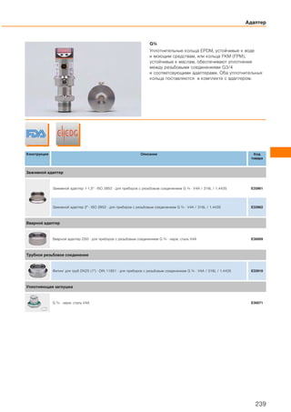 Адаптер
239
G¾
Уплотнительные кольца EPDM, устойчивые к воде
и моющим средствам, или кольца FKM (FPM),
устойчивые к маслам, обеспечивают уплотнение
между резьбовыми соединениями G3/4
и соответсвующими адаптерами. Оба уплотнительных
кольца поставляются в комплекте с адаптером.
Конструкция Описание Код
товара
Зажимной адаптер
Зажимнoй адаптер 1-1,5" · ISO 2852 · для приборов с резьбовым соединением G ¾ · V4A / 316L / 1.4435 E33901
Зажимнoй адаптер 2" · ISO 2852 · для приборов с резьбовым соединением G ¾ · V4A / 316L / 1.4435 E33902
Вварной адаптер
Вварной адаптер D50 · для приборов с резьбовым соединением G ¾ · нерж. сталь V4A E30009
Трубное резьбовое соединение
Фитинг для труб DN25 (1") · DIN 11851 · для приборов с резьбовым соединением G ¾ · V4A / 316L / 1.4435 E33910
Уплотняющая заглушка
G ¾ · нерж. сталь V4A E30071
239
 