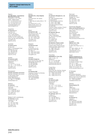Algeria
Sarl AMS Algérie - Automatismes
Motorisation & Services
Lotissement C, lot n°190 B
Draria - 16000 ALGER
Tel. +213 (0)5 59 43 45 22
Tel. +213 (0) 23 26 41 45
Fax +213 (0)23 26 42 58
contact@amsalgérie.com
www.amsalgerie.com
Argentina
ifm electronic s.r.l.
Lola Mora 421
10º piso, oficina 3
1107 - Puerto Madero
Ciudad Aut. Buenos Aires
Tel./Fax +54 (011) 5353-3436
Interior del país: 0810-345-3436
info.ar@ifm.com
www.ifm.com/ar
Australia
ifm efector pty ltd.
PO Box 479
Suite 3, 745 Springvale Road
Mulgrave VIC 3170
Tel. 1300 365 088
Fax 1300 365 070
sales.au@ifm.com
www.ifm.com/au
Austria
ifm electronic gmbh
Wienerbergstraße 41
Gebäude E
1120 Vienna
Tel. +43 / 1 / 617 45 00
Fax +43 / 1 / 617 45 00 10
info.at@ifm.com
www.ifm.com/at
Bangladesh
Sensotec Automation and Control
Sensotec Automation and Control
5, New Eskaton Road
Ghausnagar,Ramna
Dhaka 1000 Bangladesh
Tel. +880 171 154 689 0
sensotec@agni.com
Belarus
ifm electronic
Ibragimova, 31, k.50
office 808
105318 Moscow
Tel. +7 (495) 921-44-14
Fax +7 (495) 651-82-97
info.ru@ifm.com
www.ifm.com/ru
Belgium and Luxembourg
ifm electronic n.v./s.a.
Zuiderlaan 91 - B6
1731 Zellik
Tel. +32 2 481 0220
Fax +32 2 463 1795
info.be@ifm.com
www.ifm.com/be
Bolivia
BAVARIA S.R.L. Álvaro Baptista
Vargas
Zona Morocollo, Urb. Santos
Pariamo
C. Mario Diaz de medina (26-A), n° 32
La Paz
Tel. 00-591-2-277 13 78
Mobile 00-591-720-47 442
alvarobaptista@bavaria.bo
www.bavaria.bo
Brazil
ifm electronic Ltda.
Rua Eleonora Cintra, 140
Jardim Analia Franco
03337-000 Sāo Paulo
Tel. +55-11-2672-1730
Fax +55-11-2673-3501
info.br@ifm.com
www.ifm.com/br
Bulgaria
ifm electronic eood
1202 Sofia
ul. Klokotnica No 2A
Business Centre IVEL
fl.4, office 17
Tel. +359 2 807 59 69
Fax +359 2 807 59 60
info.bg@ifm.com
Canada
ifm efector Canada Inc.
2233 Argentia Road, Suite 104
Mississauga, ON L5N 2X7
Tel. 855-436-2262
Fax 855-399-5099
info.ca@ifm.com
www.ifm.com/ca
Chile
ifm electronic SpA
Presidente Eduardo Frei Montalva
6199, Oficina 5032
Comuna de Conchalí
Región Metropolitana
Tel.: +56-2-32239282
info.cl@ifm.com
China
ifm electronic (Shanghai) Co., Ltd
Building 15,
No. 1000, Zhangheng Road,
Pu Dong District.
201203 Shanghai, P.R.China
Tel. +86 21 3813 4800
Fax +86 21 5027 8669
400 National Service Hotline:
400 880 6651
Involving: Contact quotation, Product
delivery, Technical support, etc
info.cn@ifm.com
www.ifm.com/cn
ifm electronic (HK) Ltd
Unit 2106, 21/F,
Tower 2, Metroplaza
No. 223 Hing Fong Road,
Kwai Chung,
N.T., Hong Kong.
info.hk@ifm.com
www.ifm.com/hk
ifm electronic (Taiwan) Limited
9F.-6, No.12, Fuxing 4th Rd.,
Cianjhen District, Kaohsiung City,
Postal Code 806, Taiwan, R.O.C.
Tel. +886-7-335-7778
Fax +886-7-335-6878
info.tw@ifm.com
www.ifm.com/tw
Columbia
SENSOMATIC Y CIA LTDA.
Calle 1 C 25a - 50
Bogotá D.C.
Tel. +57 313 430 2264
Tel. +57 1 407 96 96
info@sensomatic-ltda.com
www.sensomatic-ltda.com
Costa Rica
Gen Bus S.A
Santa Rosa, Sto. Domingo, Heredia.
Bodegas Del Sol, Bodega n° 22
Tel. + (506) 25 60 39 58
Tel. + (506) 22 62 39 27
Fax + (506) 22 62 16 74
Croatia
ifm electronic gmbh
Wienerbergstr. 41
Gebäude E
1120 Wien
Tel. +43 / 1 / 617 45 00
Fax +43 / 1 / 617 45 00 10
info.hr@ifm.com
www.ifm.com/hr
Czech Republic
ifm electronic, spol. s r.o.
U Křížku 571
252 43 Prague
Tel. +420 267 990 211
Fax +420 267 750 180
info.cz@ifm.com
www.ifm.com/cz
Denmark
ifm electronic a/s
Ringager 4A, 1.sal tv.
2605 Brøndby
Tel. +45 70 20 11 08
Fax +45 70 20 11 09
info.dk@ifm.com
www.ifm.com/dk
Dominican Republic
WECH AUTOCONTROLES S. A.
Ave. Romulo Betancourt 2158
Edificio Wech
Urb. Renacimiento
Santo Domingo
Tel. + 1 809-531-0550
Fax + 1 809-531-9175
wech@verizon.net.do
www.wechautocontroles.com.do
Ecuador
INSELEC CIA. LTDA.
Av. de los Arupos
E1-202 y Pan. Norte- Km 5 ½
Quito
Tel. +593 2 28074- 76 - 78
Fax +593 2 2807475
inselec@inselec.com.ec
www.inselec.com.ec
Egypt
Egyptian Establishment for
Electromechanical Supplies
Mr. Ahmed Gouda
27 Al-Salam Street
Al Arezona, Al Haram Road
Giza 12111, Cairo
Tel. +20 / 2 / 586 49 49
Fax +20 / 2 / 586 49 49
Mobile +20 10 10 61 791
ahmed_gouda97@yahoo.com
El Salvador
Provinter
Prolongación Boulevard
Constitución, Residencial la Gloria,
Block C-3 pje. 2-C, N*1 Mejicanos,
San Salvador, El Salvador
Tel. + (503) 25643005
Ventas@provintersv.com
Estonia
Pesmel Estonia LTD
Segu 4
76505 Saue
Tel. +372 674 73 30
Fax +372 674 73 31
pesmel@pesmel.ee
www.pesmel.ee
Finland
ifm electronic oy
Vaakatie 5
00440 Helsinki
Tel. +358 (0)75 329 5000
Fax +358 (0)75 329 5010
info.fi@ifm.com
www.ifm.com/fi
Адреса представительств
ifm в мире
240
www.ifm.com/ru
 