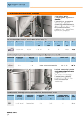 Резервуары для ферментации / хранения
Обнаружение уровня
в резервуаре для ферментации /
хранения
В пивоваренном производстве,
например, для процессов
ферментации или в резервуарах
хранения. Датчики давления серии
PI обнаруживают уровень
и давление CO2 в верхней части
бродильного резервуара.
Контроль температуры разных
зон охлаждения в резервуарах
для ферментации
Для измерения температуры
в разных зонах охлаждения
резервуаров для ферментации
используются датчики
температуры.
Производство напитков
34
www.ifm.com/ru
Датчики давления для измерения уровня · Другие датчики на стр. 151
Конструкция Подключение
к процессу
Индикация Диапазон
измерения
[бар]
Макс. давление
перегрузки
[бар]
Миним. давление
разрушения
[бар]
Напря-
жение DC
[В]
Код
товара
Aseptoflex Vario Дисплей -0,124...2,5 20 50 20...32 PI2796
Электронный датчик для контроля предельных значений уровня · Другие датчики на стр. 169
Конструкция Подключение
к процессу
Макс. раб.
давление
[бар]
Применение Степень защиты Код
товара
G ½ A -1...40 Жидкие, вязкие и порошковые среды IP 68 / IP 69K LMT100
Преобразователь температуры с диагностическим выходом · Другие датчики на стр. 173
Конструкция Заводская
настройка
[°C / °F]
Подключение
к процессу
Установочная
длина
[мм]
Напряжение
[В]
Динамика реакции
срабатывания T05 / T09
[с]
Код
товара
0...150 / 32...302 Aseptoflex Vario 87,5 18...32 3 / 6 TAD181
 