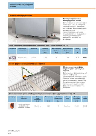 Системы темперирования
Мониторинг давления на
темперирующей машине
Датчики давления в гигиеническом
исполнении с IO-Link измеряют
давление продукта. Интерфейс
IO-Link может использоваться для
автоматического
параметрирования датчиков,
анализа состояния оборудования
и последующей передачи
измеренных значений без
искажений.
Линия формования шоколадных изделий
Обнаружение пустых форм
в производстве шоколадных
изделий
До заполнения форм шоколадной
массой необходимо
удостовериться, что формы пусты.
Для этой задачи предназначен
датчик технического зрения O2V.
Он проверяет наличие, размер,
положение или заполненность
форм на основании различных
критериев.
Производство кондитерских
изделий
48
www.ifm.com/ru
Датчик давления для измерения давления конвейерных линий · Другие датчики на стр. 151
Конструкция Подключение
к процессу
Индикация Диапазон
измерения
[бар]
Макс. давление
перегрузки
[бар]
Миним. давление
разрушения
[бар]
Напря-
жение DC
[В]
Код
товара
Aseptoflex Vario Дисплей -1...10 50 150 20...32 PI2794
Датчик технического зрения для обнаружения пустых шоколадных форм · Другие датчики на стр. 127
Конструкция Принцип
действия
Макс.
поле
видимости
[мм]
Разрешение
[мм]
Частота
обнаружения
[Гц]
Тип
света
Темп-ра
окр. среды
[°C]
Код
товара
Датчик изображения
CMOS, S/W, VGA-
разрешение 640 x 480
640 x 480 мм 0,025 10 Белый свет -10...60 O2V100
 