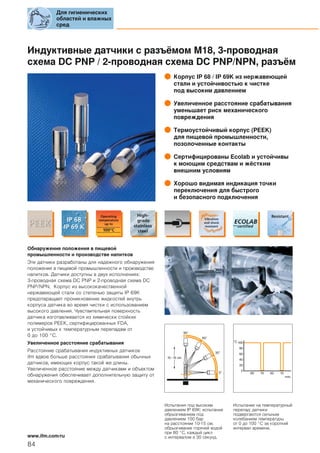 Индуктивные датчики с разъёмом M18, 3-проводная
схема DC PNP / 2-проводная схема DC PNP/NPN, разъём
Корпус IP 68 / IP 69K из нержавеющей
стали и устойчивостью к чистке
под высоким давлением
Увеличенное расстояние срабатывания
уменьшает риск механического
повреждения
Термоустойчивый корпус (PEEK)
для пищевой промышленности,
позолоченные контакты
Сертифицированы Ecolab и устойчивы
к моющим средствам и жёстким
внешним условиям
Хорошо видимая индикация точки
переключения для быстрого
и безопасного подключения
Обнаружение положения в пищевой
промышленности и производстве напитков
Эти датчики разработаны для надежного обнаружения
положения в пищевой промышленности и производстве
напитков. Датчики доступны в двух исполнениях:
3-проводная схема DC PNP и 2-проводная схема DC
PNP/NPN. Корпус из высококачественной
нержавеющей стали со степенью защиты IP 69K
предотвращает проникновение жидкостей внутрь
корпуса датчика во время чистки с использованием
высокого давления. Чувствительная поверхность
датчика изготавливается из химически стойких
полимеров PEEK, сертифицированных FDA,
и устойчивых к температурным перепадам от
0 до 100 °C.
Увеличенное расстояние срабатывания
Расстояние срабатывания индуктивных датчиков
ifm вдвое больше расстояния срабатывания обычных
датчиков, имеющих корпус такой же длины.
Увеличенное расстояние между датчиками и объектом
обнаружения обеспечивает дополнительную защиту от
механического повреждения.
0°
30°
60°
90°
10 - 15 cm
°C
min.
1060 1060
0
20
40
60
80
100
Для гигиенических
областей и влажных
сред
84
www.ifm.com/ru
Испытания под высоким
давлением IP 69K: испытание
обрызгиванием под
давлением 100 бар
на расстоянии 10-15 см;
обрызгивание горячей водой
при 80 °C, каждый цикл
с интервалом в 30 секунд.
Испытание на температурный
перепад: датчики
подвергаются сильным
колебаниям температуры
от 0 до 100 °C за короткий
интервал времени.
 
