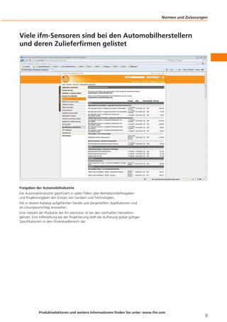 Normen und Zulassungen

Viele ifm-Sensoren sind bei den Automobilherstellern
und deren Zulieferfirmen gelistet

Freigaben der Automobilindustrie
Die Automobilindustrie spezifiziert in vielen Fällen über Betriebsmittelfreigaben
und Projektvorgaben den Einsatz von Geräten und Technologien.
Die in diesem Katalog aufgeführten Geräte und dargestellten Applikationen sind
als Lösungsvorschlag anzusehen.
Eine Vielzahl der Produkte der ifm electronic ist bei den namhaften Herstellern
gelistet. Eine Hilfestellung bei der Projektierung stellt die Auflistung global gültiger
Spezifikationen in dem Downloadbereich dar.

Produktselektoren und weitere Informationen finden Sie unter: www.ifm.com

9

 