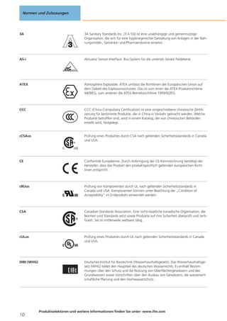 Normen und Zulassungen

3A

3A Sanitary Standards Inc. (3 A SSI) ist eine unabhängige und gemeinnützige
Organisation, die sich für eine hygienegerechte Gestaltung von Anlagen in der Nahrungsmittel-, Getränke- und Pharmaindustrie einsetzt.

AS-i

Aktuator Sensor Interface. Bus-System für die unterste, binäre Feldebene.

ATEX

Atmosphère Explosible. ATEX umfasst die Richtlinien der Europäischen Union auf
dem Gebiet des Explosionsschutzes. Das ist zum einen die ATEX-Produktrichtlinie
94/9/EG, zum anderen die ATEX-Betriebsrichtlinie 1999/92/EG.

CCC

CCC (China Compulsory Certification) ist eine vorgeschriebene chinesische Zertifizierung für bestimmte Produkte, die in China in Verkehr gebracht werden. Welche
Produkte betroffen sind, wird in einem Katalog, der von chinesischen Behörden
erstellt wird, festgelegt.

cCSAus

Prüfung eines Produktes durch CSA nach geltenden Sicherheitsstandards in Canada
und USA.

CE

Conformité Européenne. Durch Anbringung der CE-Kennzeichnung bestätigt der
Hersteller, dass das Produkt den produktspezifisch geltenden europäischen Richtlinien entspricht.

cRUus

Prüfung von Komponenten durch UL nach geltenden Sicherheitsstandards in
Canada und USA. Komponenten können unter Beachtung der „Condition of
Acceptability“ im Endprodukt verwendet werden.

CSA

Canadian Standards Association. Eine nicht-staatliche kanadische Organisation, die
Normen und Standards setzt sowie Produkte auf ihre Sicherheit überprüft und zertifiziert. Sie ist mittlerweile weltweit tätig.

cULus

Prüfung eines Produktes durch UL nach geltenden Sicherheitsstandards in Canada
und USA.

DIBt (WHG)

Deutsches Institut für Bautechnik (Wasserhaushaltsgesetz). Das Wasserhaushaltsgesetz (WHG) bildet den Hauptteil des deutschen Wasserrechts. Es enthält Bestimmungen über den Schutz und die Nutzung von Oberflächengewässern und des
Grundwassers sowie Vorschriften über den Ausbau von Gewässern, die wasserwirtschaftliche Planung und den Hochwasserschutz.

10

Produktselektoren und weitere Informationen finden Sie unter: www.ifm.com

 