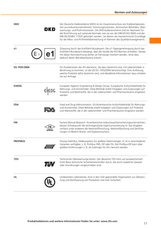 Normen und Zulassungen

DKD

Der Deutsche Kalibrierdienst (DKD) ist ein Zusammenschluss von Kalibrierlaboratorien aus Industrieunternehmen, Forschungsinstituten, technischen Behörden, Überwachungs- und Prüfinstitutionen. Die DKD-Kalibrierscheine sind ein Nachweis für
die Rückführung auf nationale Normale, wie sie von der DIN EN ISO 9000 und der
DIN EN ISO/IEC 17025 gefordert werden. Sie dienen als messtechnische Grundlage
für die Mess- und Prüfmittelüberwachung im Rahmen des Qualitätsmanagements.

e1

Zulassung durch das Kraftfahrt-Bundesamt. Die e1-Typengenehmigung durch das
Kraftfahrt-Bundesamt bestätigt, dass die Geräte die KFZ-Normen einhalten. Geräte
mit dieser Kennzeichnung dürfen an Fahrzeuge montiert werden, ohne dass
dadurch deren Betriebserlaubnis erlischt.

EG 1935/2004

Für Fluidsensoren der ifm electronic, die dazu bestimmt sind, mit Lebensmitteln in
Berührung zu kommen, ist die VO EG 1935/2004 berücksichtigt. Eine Auflistung,
welche Produkte dafür bestimmt sind, und detaillierte Informationen dazu erhalten
Sie auf Anfrage.

EHEDG

European Hygienic Engineering & Design Group. Europäische Aufsichtsbehörde für
Nahrungs- und Arzneimittel. Diese Behörde erteilt Freigaben und Zulassungen auf
Produkte und Werkstoffe, die in der Lebensmittel- und Pharmaindustrie eingesetzt
werden.

FDA

Food and Drug Administration. US-Amerikanische Aufsichtsbehörde für Nahrungsund Arzneimittel. Diese Behörde erteilt Freigaben und Zulassungen auf Produkte
und Werkstoffe, die in der Lebensmittel- und Pharmaindustrie eingesetzt werden.

FM

Factory Mutual Research. Amerikanisches Industriesachversicherungsunternehmen,
dessen Schwerpunkt die technikgestützte Eigentumssicherung ist. Das Angebot
umfasst unter anderem die Werkstoffforschung, Werkstoffprüfung und Zertifizierungen im Bereich Brand- und Explosionsschutz.

PROFIBUS

Process Field Bus. Feldbussystem für größere Datenmengen. Er ist in verschiedenen
Varianten verfügbar, z. B. Profibus FMS, DP oder PA. Der Profibus-DP kann über
größere Entfernungen z. B. als Zubringer für AS-i benutzt werden.

TÜV

Technischer Überwachungs-Verein. Der deutsche TÜV führt auf privatwirtschaftlicher Basis technische Sicherheitskontrollen durch, die durch staatliche Gesetze
oder Anordnungen vorgeschrieben sind.

UL

Underwriters Laboratories. Eine in den USA gegründete Organisation zur Überprüfung und Zertifizierung von Produkten und ihrer Sicherheit.

Produktselektoren und weitere Informationen finden Sie unter: www.ifm.com

11

 