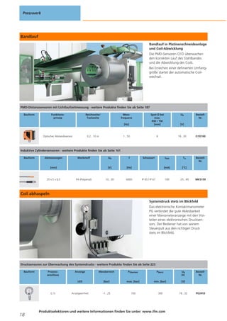 Presswerk

Bandlauf
Bandlauf in Platinenschneideanlage
und Coil-Abwicklung
Die PMD-Sensoren O1D überwachen
den korrekten Lauf des Stahlbandes
und die Abwicklung des Coils.
Bei Erreichen einer definierten Umfanggröße startet der automatische Coilwechsel.

PMD-Distanzsensoren mit Lichtlaufzeitmessung · weitere Produkte finden Sie ab Seite 187
Bauform

Funktionsprinzip

Reichweite/
Tastweite

[Hz]

Optischer Abstandssensor

Messfrequenz

[V]

1...50

0,2...10 m

Spot Ø bei
max.
RW / TW
[mm]

Ub

BestellNr.

6

18...30

O1D100

Ilast

Ta

BestellNr.

[mA]

[°C]

100

-25...85

Induktive Zylindersensoren · weitere Produkte finden Sie ab Seite 161
Bauform

Abmessungen

Werkstoff

25 x 5 x 6,5

PA (Polyamid)

f

[V]

[mm]

Ub

Schutzart

[Hz]

10...30

6000

IP 65 / IP 67

MK5159

Coil abhaspeln
Systemdruck stets im Blickfeld
Das elektronische Kontaktmanometer
PG verbindet die gute Ablesbarkeit
einer Manometeranzeige mit den Vorteilen eines elektronischen Drucksensors. Der Bediener hat von seinem
Steuerpult aus den richtigen Druck
stets im Blickfeld.

Drucksensoren zur Überwachung des Systemdrucks · weitere Produkte finden Sie ab Seite 223
Bauform

Prozessanschluss

18

Messbereich

PÜberlast

PBerst

Ub
DC

LED

G½

Anzeige

[bar]

max. [bar]

min. [bar]

[V]

Anzeigeeinheit

-1...25

100

300

18...32

Produktselektoren und weitere Informationen finden Sie unter: www.ifm.com

BestellNr.

PG2453

 