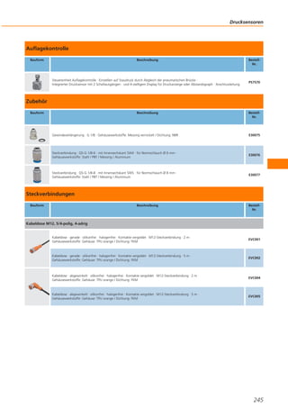 Drucksensoren

Auflagekontrolle
Bauform

Beschreibung

Steuereinheit Auflagekontrolle · Einstellen auf Staudruck durch Abgleich der pneumatischen Brücke ·
Integrierter Drucksensor mit 2 Schaltausgängen · und 4-stelligem Display für Druckanzeige oder Abstandsgraph · Anschlussleitung

BestellNr.

PS7570

Zubehör
Bauform

Beschreibung

BestellNr.

Gewindeverlängerung · G 1/8 · Gehäusewerkstoffe: Messing vernickelt / Dichtung: NBR

E30075

Steckverbindung · QS-G 1/8-6 · mit Innensechskant SW4 · für Normschlauch Ø 6 mm ·
Gehäusewerkstoffe: Stahl / PBT / Messing / Aluminium

E30076

Steckverbindung · QS-G 1/8-8 · mit Innensechskant SW5 · für Normschlauch Ø 8 mm ·
Gehäusewerkstoffe: Stahl / PBT / Messing / Aluminium

E30077

Steckverbindungen
Bauform

Beschreibung

BestellNr.

Kabeldose M12, 5/4-polig, 4-adrig

Kabeldose · gerade · silikonfrei · halogenfrei · Kontakte vergoldet · M12-Steckverbindung · 2 m ·
Gehäusewerkstoffe: Gehäuse: TPU orange / Dichtung: FKM

EVC001

Kabeldose · gerade · silikonfrei · halogenfrei · Kontakte vergoldet · M12-Steckverbindung · 5 m ·
Gehäusewerkstoffe: Gehäuse: TPU orange / Dichtung: FKM

EVC002

Kabeldose · abgewinkelt · silikonfrei · halogenfrei · Kontakte vergoldet · M12-Steckverbindung · 2 m ·
Gehäusewerkstoffe: Gehäuse: TPU orange / Dichtung: FKM

EVC004

Kabeldose · abgewinkelt · silikonfrei · halogenfrei · Kontakte vergoldet · M12-Steckverbindung · 5 m ·
Gehäusewerkstoffe: Gehäuse: TPU orange / Dichtung: FKM

EVC005

245

 