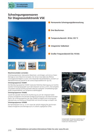Für industrielle
Anwendungen

Schwingungssensoren
für Diagnoseelektronik VSE
Permanente Schwingungsüberwachung

Drei Bauformen

Temperaturbereich -30 bis 125 °C

Integrierter Selbsttest

Großer Frequenzbereich bis 10 kHz

Maschinenschäden vermeiden
Schwingungssensoren überwachen Maschinen- und Anlagen und sind zur festen
Montage an einer Maschine konzipiert. Der Sensor misst dabei die effektive
Schwinggeschwindigkeit an einer nicht rotierenden Bauteiloberfläche und dient zur
Messdatenerfassung speziell für die octavis-Diagnoseelektronik Typ VSE.
Schwingungssensor VSA001
Der Beschleunigungssensor VSA001 bietet die fehlerfreie Übertragung von hochfrequenten Schwingungssignalen auch über Distanzen von bis zu 30 m. Die kompakte
und äußerst robuste Ausführung bietet selbst bei widrigsten Umweltbedingungen
große Langzeitstabilität und Temperaturunabhängigkeit.
Schwingungssensor VSA002
Sowohl die spezielle mechanische Ausführung als auch der integrierte Kabelschwanz ermöglichen eine beinahe bündige Einschraubung in die Maschinenoberfläche. Der Schwingungssensor des Typs VSA002 ermöglicht eine Schwingungsüberwachung, wo bislang aus Platzgründen eine Sensormontage unmöglich war.
Schwingungssensor VSA004
Die flache Bauform von ca. 12 mm sowie der seitliche Abgang des geschirmten
Kabels ermöglichen eine Montage auch an schlecht zugänglichen Orten.

Langzeitstabil, temperaturunabhängig und
unempfindlich gegen Störeinflüsse dank
modernster Siliziumsensorik.

310

Produktselektoren und weitere Informationen finden Sie unter: www.ifm.com

 