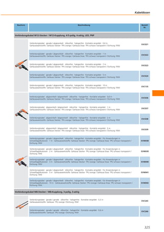 Kabeldosen

Bauform

Beschreibung

BestellNr.

Verbindungskabel M12-Stecker / M12-Kupplung, 4/5-polig, 4-adrig, LED, PNP

Verbindungskabel · gerade / abgewinkelt · silikonfrei · halogenfrei · Kontakte vergoldet · 0,6 m ·
Gehäusewerkstoffe: Gehäuse Stecker: TPU orange / Gehäuse Dose: TPU schwarz transparent / Dichtung: FKM

EVC021

Verbindungskabel · gerade / abgewinkelt · silikonfrei · halogenfrei · Kontakte vergoldet · 1 m ·
Gehäusewerkstoffe: Gehäuse Stecker: TPU orange / Gehäuse Dose: TPU schwarz transparent / Dichtung: FKM

EVC022

Verbindungskabel · gerade / abgewinkelt · silikonfrei · halogenfrei · Kontakte vergoldet · 2 m ·
Gehäusewerkstoffe: Gehäuse Stecker: TPU orange / Gehäuse Dose: TPU schwarz transparent / Dichtung: FKM

EVC023

Verbindungskabel · gerade / abgewinkelt · silikonfrei · halogenfrei · Kontakte vergoldet · 5 m ·
Gehäusewerkstoffe: Gehäuse Stecker: TPU orange / Gehäuse Dose: TPU schwarz transparent / Dichtung: FKM

EVC024

Verbindungskabel · gerade / abgewinkelt · silikonfrei · halogenfrei · Kontakte vergoldet · 10 m ·
Gehäusewerkstoffe: Gehäuse Stecker: TPU orange / Gehäuse Dose: TPU schwarz transparent / Dichtung: FKM

EVC135

Verbindungskabel · abgewinkelt / abgewinkelt · silikonfrei · halogenfrei · Kontakte vergoldet · 0,6 m ·
Gehäusewerkstoffe: Gehäuse Stecker: TPU orange / Gehäuse Dose: TPU schwarz transparent / Dichtung: FKM

EVC036

Verbindungskabel · abgewinkelt / abgewinkelt · silikonfrei · halogenfrei · Kontakte vergoldet · 1 m ·
Gehäusewerkstoffe: Gehäuse Stecker: TPU orange / Gehäuse Dose: TPU schwarz transparent / Dichtung: FKM

EVC037

Verbindungskabel · abgewinkelt / abgewinkelt · silikonfrei · halogenfrei · Kontakte vergoldet · 2 m ·
Gehäusewerkstoffe: Gehäuse Stecker: TPU orange / Gehäuse Dose: TPU schwarz transparent / Dichtung: FKM

EVC038

Verbindungskabel · abgewinkelt / abgewinkelt · silikonfrei · halogenfrei · Kontakte vergoldet · 5 m ·
Gehäusewerkstoffe: Gehäuse Stecker: TPU orange / Gehäuse Dose: TPU schwarz transparent / Dichtung: FKM

EVC039

Verbindungskabel · gerade / abgewinkelt · silikonfrei · halogenfrei · Kontakte vergoldet · Für Anwendungen in
Schweißapplikationen · 1 m · Gehäusewerkstoffe: Gehäuse Stecker: TPU orange / Gehäuse Dose: TPU schwarz transparent /
Dichtung: FKM

EVW038

Verbindungskabel · gerade / abgewinkelt · silikonfrei · halogenfrei · Kontakte vergoldet · Für Anwendungen in
Schweißapplikationen · 2 m · Gehäusewerkstoffe: Gehäuse Stecker: TPU orange / Gehäuse Dose: TPU schwarz transparent /
Dichtung: FKM

EVW039

Verbindungskabel · gerade / abgewinkelt · silikonfrei · halogenfrei · Kontakte vergoldet · Für Anwendungen in
Schweißapplikationen · 3 m · Gehäusewerkstoffe: Gehäuse Stecker: TPU orange / Gehäuse Dose: TPU schwarz transparent /
Dichtung: FKM

EVW040

Verbindungskabel · gerade / abgewinkelt · silikonfrei · halogenfrei · Kontakte vergoldet · Für Anwendungen in
Schweißapplikationen · 5 m · Gehäusewerkstoffe: Gehäuse Stecker: TPU orange / Gehäuse Dose: TPU schwarz transparent /
Dichtung: FKM

EVW041

Verbindungskabel · gerade / abgewinkelt · silikonfrei · halogenfrei · Kontakte vergoldet · Für Anwendungen in
Schweißapplikationen · 10 m · Gehäusewerkstoffe: Gehäuse Stecker: TPU orange / Gehäuse Dose: TPU schwarz transparent /
Dichtung: FKM

EVW042

Verbindungskabel M8-Stecker / M8-Kupplung, 3-polig, 3-adrig

Verbindungskabel · gerade / gerade · silikonfrei · halogenfrei · Kontakte vergoldet · 0,3 m ·
Gehäusewerkstoffe: Gehäuse: TPU orange / Dichtung: FKM

EVC265

Verbindungskabel · gerade / gerade · silikonfrei · halogenfrei · Kontakte vergoldet · 0,6 m ·
Gehäusewerkstoffe: Gehäuse: TPU orange / Dichtung: FKM

EVC266

325

 