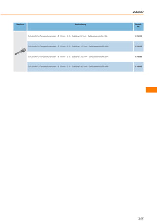 Zubehör

Bauform

Beschreibung

BestellNr.

Schutzrohr für Temperatursensoren · Ø 10 mm - G ½ · Stablänge: 82 mm · Gehäusewerkstoffe: V4A

E35010

Schutzrohr für Temperatursensoren · Ø 10 mm - G ½ · Stablänge: 182 mm · Gehäusewerkstoffe: V4A

E35020

Schutzrohr für Temperatursensoren · Ø 10 mm - G ½ · Stablänge: 282 mm · Gehäusewerkstoffe: V4A

E35030

Schutzrohr für Temperatursensoren · Ø 10 mm - G ½ · Stablänge: 482 mm · Gehäusewerkstoffe: V4A

E35050

345

 