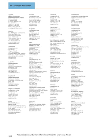 ifm – weltweit: Anschriften

Ägypten

Brasilien

Dänemark

Griechenland

Egyptian Establishment
for Electromechanical Supplies
Mr. Ahmed Gouda
27 Al-Salam Street
Al Arezona, Al Haram Road
Giza 12111, Kairo
Tel. +20 / 2 / 586 49 49
Fax +20 / 2 / 586 49 49
Mobile +20 10 10 61 791
ahmed_gouda97@yahoo.com

ifm electronic Ltda.
Rua Eleonora Cintra, 140
Jardim Analia Franco
03337-000 Sāo Paulo/SP
Tel. +55-11-2672-1730
Fax +55-11-2673-3501
info.br@ifm.com
www.ifm.com/br

ifm electronic a/s
Ringager 4A, 1.sal tv.
2605 Brøndby
Tel. +45 70 20 11 08
Fax +45 70 20 11 09
info.dk@ifm.com
www.ifm.com/dk

ifm electronic monoprosopi E.P.E.
27, Andrea Papandreou Street
15125 Amaroussi
Greece
Tel. +30 210 61 800 90
Fax +30 210 61 994 00
info.gr@ifm.com
www.ifm.com/gr

Algerien
Sarl AMS Algérie - Automatismes
Motorisation & Services
Lotissement C, lot n°190 B
Draria - 16000 ALGER
Tél: +213 (0)5 59 43 45 22
+213 (0) 23 26 41 45
Fax: +213 (0)23 26 42 58
contact@amsalgérie.com
www.amsalgerie.com/

Argentinien
ifm electronic s.r.l.
Lola Mora 421
10º piso, oficina 3
1107 - Puerto Madero
Ciudad Aut. Buenos Aires, Argentina
Teléfono/Fax: +54 (011) 5353-3436
Interior del país: 0810-345-3436
info.ar@ifm.com
www.ifm.com/ar

Deutschland
Bulgarien
ifm electronic eood
1202 Sofia
ul. Klokotnica No 2A
Business Centre IVEL
fl.4, office 17
Tel. +359 2 807 59 69
Fax +359 2 807 59 60
info.bg@ifm.com

Chile
Electronica Industrial
Schädler y Cia. Ltda.
Av. Antonio Varas 1871
Providencia
6641545 Santiago
Tel. +56 / 2 / 274 74 30
Fax +56 / 2 / 204 93 38
info@schadler.com
www.schadler.com

ifm electronic n.v./s.a.
Zuiderlaan 91 - B6
B - 1731 Zellik
Tel. +32 2 481 0220
Fax +32 2 463 1795
info.be@ifm.com
www.ifm.com/be

Bolivia

Costa Rica

BAVARIA S.R.L. Álvaro
Baptista Vargas
Zona Morocollo, Urb. Santos Pariamo
C. Mario Diaz de medina (26-A), Nr. 32
La Paz - Bolivia
Tel.: 00-591-2-277 13 78
Mobile: 00-591-720-47 442
alvarobaptista@bavaria.bo
www.bavaria.bo

Gen Bus S.A
Santa Rosa, Sto. Domingo, Heredia.
Bodegas Del Sol, Bodega No. 22
COSTA RICA
Tel. + (506) 25 60 39 58
Tel. + (506) 22 62 39 27
Fax + (506) 22 62 16 74

ifm efector pty ltd.
PO Box 479
Suite 3, 745 Springvale Road
Mulgrave VIC 3170
Tel. 1300 365 088
Fax 1300 365 070
sales.au@ifm.com
www.ifmefector.com.au

Bangladesh
Sensotec Automation
Red Crescent Chamber
87, Motijheel Commercial Area
Dhaka 1000
Bangladesh
Tel. +880 171 546 890
sensotec@agni.com

Belgien, Luxemburg

348

Dominikanische Republik
WECH AUTOCONTROLES S. A.
Ave. Romulo Betancourt 2158
Edificio Wech
Urb. Renacimiento
Santo Domingo
Dominican Republic
Tel.: + 1 809-531-0550
Fax: + 1 809-531-9175
wech@verizon.net.do
www.wechautocontroles.com.do

Ecuador
China
ifm electronic Co., Ltd
Building 15,
No. 1000, Zhangheng Road,
Pu Dong District.
201203 Shanghai, P.R.China
Tel.: +86 21 3813 4800
Fax.: +86 21 5027 8669
400 National Service Hotline:
400 880 6651
Involving: Contact quotation, Product
delivery, Technical support, etc
info.cn@ifm.com
www.ifm.com/cn
ifm electronic (HK) Ltd
Unit 2106, 21/F,
Tower 2, Metroplaza
No. 223 Hing Fong Road,
Kwai Chung,
N.T., Hong Kong.
info.hk@ifm.com
www.ifm.com/hk
ifm electronic (Taiwan) Limited
2C, Bao-Cheng Enterprise Tower,
No. 6 Mincyuan Second Road, Cianjhen
District, Kaohsiung City,
Postal Code 806, Taiwan, R.O.C.
Tel.: +886-7-335-7778
Fax: +886-7-335-6878
info.tw@ifm.com
www.ifm.com/tw

Australien

ifm electronic gmbh
Friedrichstr. 1
45128 Essen
Tel. +49 201 24 22 0
Fax +49 201 24 22 12 00
info@ifm.com
www.ifm.com/de

INSELEC CIA. LTDA.
Av. de los Arupos
E1-202 y Pan. Norte- Km 5 ½
Quito
Tel. +593 2 28074- 76 - 78
Fax +593 2 2807475
inselec@inselec.com.ec
www.inselec.com.ec

Estland
Pesmel Estonia LTD
Segu 4
76505 Saue
Estonia
Tel.: +372 674 73 30
Fax: +372 674 73 31
pesmel@pesmel.ee
www.pesmel.ee

Finnland
ifm electronic oy
Vaakatie 5
00440 Helsinki
Tel. +358 / 9 / 751 777 00
Fax +358 / 9 / 751 777 10
info.fi@ifm.com
www.ifm.com/fi

Frankreich
ifm electronic
Siège :
Savoie Technolac BP226
73374 Le Bourget du Lac
Agence commerciale :
Immeuble Uranus
1-3 rue Jean Richepin
93192 NOISY LE GRAND CEDEX
Tél: 0820 22 30 01
Fax: 0820 22 22 04
info.fr@ifm.com
www.ifm.com/fr

Produktselektoren und weitere Informationen finden Sie unter: www.ifm.com

Großbritannien
ifm electronic Ltd.
efector House
Kingsway Business Park
Oldfield Road
Hampton
Middlesex TW12 2HD
Tel. +44 / 20 / 8213 0000
Fax +44 / 20 / 8213 0001
enquiry_gb@ifm.com
www.ifm.com/uk

Guatemala
Ingenieros Civiles Electromecánicos
Asociados, S.A. (IASA)
20 Calle 25-55 Zona 12
Empresarial El Cortijo III
Bodega No. 907,
Guatemala City,
Guatemala
Tel: 502 - 24626636
info@iasa.com.gt

Honduras
R y D INDUSTRIAL
Bo. Paz Barahona
11 Ave. 14 y 15 Calle
S.O. #142
San Pedro Sula
+(504) 2550-3703
+(504) 2558-9313
ventas@rydindustrial.com

Indien
ifm electronic India Pvt. Ltd.
Plot No. P-39/1
MIDC Gokul Shirgaon
Kolhapur – 416234
Maharashtra State, India
Tel. +91 / 231 / 267 27 70
Fax +91 / 231 / 267 23 88
info@ifm-electronic.in
www.ifm.com/in

Indonesien
PT Indoserako Sejahtera
Jl. P. Jayakarta 121 No. 59
10730 Jakarta Pusat
Tel. +62 / 21 6 24 8923
Fax +62 / 21 6 24 8922
iso297@dnet.net.id

Irland
ifm electronic (Ireland) Ltd.
No. 7, The Courtyard
Kilcarbery Business Park
New Nangor Road
Clondalkin
Dublin 22
Tel. +353 / 1 / 413 60 66
Fax +353 / 1 / 457 38 28
sales_ie@ifm.com
www.ifm.com/ie

 