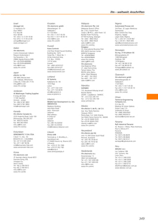 ifm – weltweit: Anschriften

Israel

Kroatien

Malaysia

Nigeria

Astragal Ltd.
3, Hashikma Str.
Azur 58001
P.O. Box 99
Azur 58190
Tel. +972 / 3 / 5 59 16 60
Fax +972 / 3 / 5 59 23 40
astragal@astragal.co.il
www.astragal.co.il

ifm electronic gmbh
Wienerbergstr. 41
Gebäude E
A-1120 Wien
Tel. +43 / 1 / 617 45 00
Fax +43 / 1 / 617 45 00 10
info.hr@ifm.com
www.ifm.com/hr

ifm electronic Pte. Ltd
Malaysian Branch Office
No. 2-4-2, Fourth Floor
Tower 2 @ PFCC, Jalan Puteri 1/2
Bandar Puteri Puchong,
47100 Puchong, Selangor
Tel. +603 - 8063 9522
Fax +603 - 8063 9524
sales.my@ifm.com
www.ifm.com/my
Singapur
25, International Business Park
#03-26/29 German Center
609916 Singapore
Tel. +6565628661
Fax +6565628660
www.ifm.com/sg
sales.sg@ifm.com
ifm electronic
Asia Regional Office
21, Jalan Kemunting
Taman Kebun The
80250 Johor Bahru
Johor, West Malaysia
Tel. +607 - 332 5022
Fax +607 - 332 1577
sales.my@ifm.com

Automated Process Ltd
3rd Floor, 32 Lagos Abeokuta
Expressway
Near Cement Bus Stop
Dopemu, Agege
Lagos State, Nigeria
Tel. + 234 / 01 / 4729 967
Fax + 234 /01 / 4925 865
sales@automated-process.com
www.automated-process.com

Kuwait
Italien
ifm electronic
Centro Direzionale Colleoni
Palazzo Andromeda 2
Via Paracelso n. 18
20864 Agrate Brianza (MB)
Tel. +39 (0)39-6899982
Fax +39 (0)39-6899995
info.it@ifm.com
www.ifm.com/it

Japan
efector co. ltd.
18F WBG Marive-west
2-6-1 Nakase, Mihama-ku
Chiba-shi, Chiba 261-7118
info.jp@ifm.com
www.ifm.com/jp

Jordanien
Al Mashreqan Trading Supplies
P.O.Box.851054
11185 Swaifieh
Amman - Jordan.
Tel. +962 6 581 8841
Fax +962 6 581 8892
info@mashreqan.com

Kana Controls
2nd Floor Khalid Fauzan Building
Building No. 1670
Street No. 7, Block No. 1
Al-Rai Industrial Area,
P.O. Box - 25593,
13116 Safat,
Kuwait
Tel.: +965-24741537
Fax:+965-24741537
info@kanacontrols.com
www.kanacontrols.com

Lettland
EC Systems
Katlakalna Str. 4A
1073 Riga
Latvia
Tel.: +371 724 1231
Fax: +371 724 8478
alnis@ecsystems.lv
www.ecsystems.lv

Libanon

ifm efector Canada Inc.
2233 Argentia Road, Suite 104
Mississauga, ON L5N 2X7
Tel.: 905-412-6250
Fax: 905-363-0563
info.ca@ifm.com
www.ifm.com/ca

Middle East Development Co. SAL
(MEDEVCO)
Medevco Building
Jeita Main Road
Jeita - Kesrouan
Lebanon
Mail address :
P.O.Box 67
Jounieh
Lebanon
Tel. +961-9-233550
Fax +961-9-233554
info@medevco-lebanon.com

Kolumbien

Litauen

SENSOMATIC Y CIA LTDA.
CALLE 1 C 25a - 50
BOGOTA D.C. COLOMBIA
Tel. +57 313 430 2264
Tel. +57 1 407 96 96
info@sensomatic-ltda.com
www.sensomatic-ltda.com

Elinta UAB
Terminalo g. 3, Biruliškių k.,
Karmėlavos sen.
LT-54469 Kauno raj. (Kauno LEZ)
Lithuania
Tel.: +370 37 351 999
Fax: +370 37 452 780
sales@elinta.lt
www.elintosprekyba.lt

Kanada

Korea
ifm electronic Ltd.
2F Hyundai Liberty House #201
Hannam-Dong 258,
Yongsan-Gu,
Seoul, Korea
Tel. +82 2-790-5610
Fax +82 2-790-5613
info.kr@ifm.com
www.ifm.com/kr

Marokko
SOFIMED
137, Boulevard Moulay Ismaïl Roches Noires
20290 - Casablanca - MAROC
Tel : +212 522 240 101
Fax : +212 522 240 100
www.sofimed.ma

Mexiko
ifm efector S. de R.L. de C.V.
Ave. Arq. Pedro Ramírez
Vázquez 200-4
Planta Baja, Col. Valle Oriente.
San Pedro Garza García, N.L. 66269
Tel. +52-81-8040-3535
Fax +52-81-8040-2343
clientes.mx@ifm.com
www.ifm.com/mx

Neuseeland
ifm efector pty ltd.
Unit 13, 930 Great South Road
Penrose, Auckland
Tel. +64 / 95 79 69 91
Fax +64 / 95 79 92 82
sales.nz@ifm.com
www.ifm.com/nz

Niederlande
ifm electronic b.v.
Deventerweg 1 E
3843 GA Harderwijk
Tel. +31 / 341 438 438
Fax +31 / 341 438 430
info.nl@ifm.com
www.ifm.com/nl

Norwegen
Siv.Ing. J.F.Knudtzen AS
Billingstadsletta 97
1396 Billingstad
Postboks 160
1378 Nesbru
Tel. +47 / 66 98 33 50
Fax +47 / 66 98 09 55
firmapost@jfknudtzen.no
www.jfknudtzen.no

Österreich
ifm electronic gmbh
Wienerbergstraße 41
Gebäude E
1120 Wien
Tel. +43 / 1 / 617 45 00
Fax +43 / 1 / 617 45 00 10
info.at@ifm.com
www.ifm.com/at

Oman
Technical Engineering
Company LLC.
P.O. Box 59
Madinat Al Sultan Qaboos
Postal Code 115
Sultanate of Oman
Tel. +968 24503593
Fax +968 24503573
tecoman@omantel.net.om

Panama
RyD Industrial Panamá
Av. Ricarco J. Alfaro, Plaza Aventura,
Piso 4, Oficina 417
Panamá
PANAMÁ
Tel. (507) 236-8639
Tel. (507) 236-8640
Tel. (507) 236-9121
ventaspn@rydindustrial.com

Peru
dekatec s.a.c.
Los Calderos 188
Urb. Vulcano, Ate
Lima / Peru
Tel. +511 / 348 0293
Tel. +511 / 348 0458
Tel. +511 / 348 2269
Fax +511 / 349 0110
dkleffmann@dekatec.com.pe
www.dekatec.com.pe

349

 