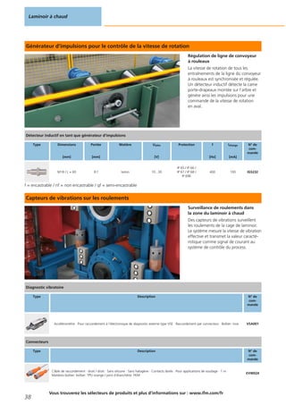 Générateur d‘impulsions pour le contrôle de la vitesse de rotation
Régulation de ligne de convoyeur
à rouleaux
La vitesse de rotation de tous les
entraînements de la ligne du convoyeur
à rouleaux est synchronisée et régulée.
Un détecteur inductif détecte la came
porte-drapeaux montée sur l‘arbre et
génère ainsi les impulsions pour une
commande de la vitesse de rotation
en aval.
f = encastrable / nf = non encastrable / qf = semi-encastrable
Capteurs de vibrations sur les roulements
Surveillance de roulements dans
la zone du laminoir à chaud
Des capteurs de vibrations surveillent
les roulements de la cage de laminoir.
Le système mesure la vitesse de vibration
effective et transmet la valeur caracté-
ristique comme signal de courant au
système de contrôle du process.
Laminoir à chaud
38
Vous trouverez les sélecteurs de produits et plus d‘informations sur : www.ifm.com/fr
Détecteur inductif en tant que générateur d‘impulsions
Type Dimensions
[mm]
Portée
[mm]
Matière Ualim
[V]
Protection f
[Hz]
Icharge
[mA]
N° de
com-
mande
M18 / L = 60 8 f laiton 10...30
IP 65 / IP 66 /
IP 67 / IP 68 /
IP 69K
400 100 IGS232
Diagnostic vibratoire
Type Description N° de
com-
mande
Accéléromètre · Pour raccordement à l‘électronique de diagnostic externe type VSE · Raccordement par connecteur · Boîtier: inox VSA001
Connecteurs
Type Description N° de
com-
mande
Câble de raccordement · droit / droit · Sans silicone · Sans halogène · Contacts dorés · Pour applications de soudage · 1 m ·
Matières boîtier: boîtier: TPU orange / joint d‘étanchéite: FKM
EVW024
 