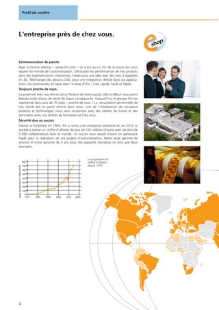 L‘entreprise près de chez vous.
Communication de pointe.
Avec la bonne adresse – www.ifm.com – ce n’est qu’un clic de la souris qui vous
sépare du monde de l’automatisation. Découvrez les performances de nos produits
dans des représentations interactives. Faites-vous une idée avec des vues d’appareils
en 3D. Téléchargez des dessins CAD, pour une intégration directe dans vos applica-
tions. Ou commandez en ligne avec l’e-shop d’ifm – c’est rapide, facile et fiable.
Toujours proche de vous.
La proximité avec nos clients est un facteur de notre succès. Dès le début nous avons
étendu notre réseau de vente de façon conséquente. Aujourd’hui, le groupe ifm est
représenté dans plus de 70 pays – proche de vous ! La consultation personnelle de
nos clients est un point central pour nous. Lors de l’introduction de nouveaux
produits et technologies nous vous soutenons avec des ateliers de travail et des
séminaires dans nos centres de formation et chez vous.
Sécurité due au succès.
Depuis sa fondation en 1969, ifm a connu une croissance constante et, en 2015, la
société a réalisé un chiffre d’affaires de plus de 720 millions d’euros avec ses plus de
5.500 collaborateurs dans le monde. Ce succès vous assure d’avoir un partenaire
fiable pour la réalisation de vos projets d’automatisation. Notre large gamme de
services et notre garantie de 5 ans pour des appareils standards ne sont que deux
exemples.
salesdevelopmentinmillionEUR
0
2000 2010 2020199019801970
800
700
600
500
400
300
200
100
La progression du
chiffre d‘affaires
depuis 1970.
Profil de société
4
 
