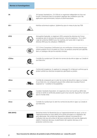 3A 3A Sanitary Standards Inc. (3 A SSI) est un organisme indépendant et à but non
lucratif s‘investissant dans la conception aseptique des installations pour des
applications agro-alimentaires, boissons et pharmaceutiques.
AS-i Interface actionneurs-capteurs. Système bus pour le niveau le plus bas TOR.
ATEX Atmosphère Explosible. Le règlement ATEX comprend les directives de l‘Union
européenee dans le domaine de la protection contre les explosions. D‘un côté il
s‘agit de la directive 94/9/CE pour les machines, de l‘autre côté il s‘agit de la
directive ATEX pour les utilisateurs 1999/92/CE.
CCC CCC (China Compulsory Certification) est une certification chinoise prescrite pour
certains produits mis en circulation en Chine. Les produits concernés sont spécifiés
dans un catalogue créé par les autorités chinoises.
cCSAus Contrôle d‘un produit par CSA selon les normes de sécurité en vigeur au Canada et
aux Etats-Unis.
CE Conformité Européenne. En applicant le marquage CE, le fabricant confirme que le
produit satisfait aux directives européennes spécifiques au produit.
cRUus Contrôle de composants par UL selon les normes de sécurité en vigeur au Canada
et aux Etats-Unis. Les composants peuvent être utilisés dans le produit final en
respectant la " Condition of Acceptabtility ".
CSA Canadian Standards Association. Un organisme à but non lucratif qui définit des
normes et vérifie et certifie des produits quant à leur sécurité. Aujourd‘hui il est actif
dans le monde entier.
cULus Contrôle d‘un produit par UL selon les normes de sécurité en vigeur au Canada et
aux Etats-Unis.
DIBt (WHG) Deutsches Institut für Bautechnik (loi sur l‘approvisionnement en eaux). La loi sur
l‘approvisionnement en eaux (WHG) est la partie principale sur la législation des
eaux allemandes. Elle contient des dispositions relatives à la protection et
l‘utilisation des eaux de surface et des eaux souterraines ainsi que des règlements
relatifs à l‘extension des eaux, la planification de la gestion des eaux, et la
protection contre les crues.
Normes et homologations
Vous trouverez les sélecteurs de produits et plus d‘informations sur : www.ifm.com/fr
8
 