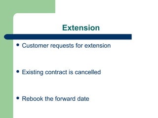 Extension

 Customer    requests for extension



 Existing   contract is cancelled



 Rebook     the forward date
 