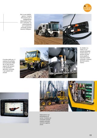 19
ifm in una stabiliz-
zatrice. I moduli
I/O servono per il
collegamento
decentrato di sen-
sori e attuatori. La
comunicazione
con il sistema di
controllo avviene
tramite CANopen.
Esboscatrice con
attrazzatura di
carico. Il sistema di
controllo ecomat-
mobile controlla
veicolo e applica-
zione.
Il nucleo della gru. Il
sistema di controllo
ecomatmobile R360
da un lato valuta i
segnali del sensore
e di comando e
dall’altro controlla
i vari sistemi fun-
zionali.
Su strada e su
rotaia. In un
veicolo bimodale
strada-rotaia, un
sensore di pres-
sione adatto a
macchine mobili
controlla il sistema
del freno pneu-
matico.
 