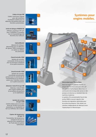 12
Systèmes pour
engins mobiles.
1.
Codeur de type RM
Codeur multi-tours robuste
pour des conditions
d’utilisation sévères pour la
détection de positions dans des
fonctions automatisées.
2.
Unité de dialogue PDM360 NG
Afficheur graphique TFT 7,0"
pour l’utilisation, la visualisa-
tion et le paramétrage des
fonctions d’un véhicule.
3.
CabinetModule
Module E/S CANopen
décentralisé pour la détection
de signaux TOR et analogiques
en cabine ou tableau
de commande.
4.
ClassicController R360
Système de contrôle-
commande 32 bits puissants
pour les fonctions complexes
d’une pelle excavatrice.
5.
SmartController R360
Système de contrôle-
commande ecomatmobile
puissant pour la commande de
l’entraînement et la communi-
cation avec l’interface moteur
sur la pelle excavatrice.
6.
Détecteur inductif de type IIM
Détecteur inductif M30
pour engins mobiles pour
la surveillance de positions
sur le stabilisateur.
7.
Système de caméra
de type O2M
Caméra réseau pour la surveil-
lance de l’arrière d’une pelle
excavatrice. La visualisation se
fait via l’afficheur de la cabine.
8.
Capteur de température
de type TA
Transmetteur de température
compact 6 mm pour la
détection de la température
de l’huile dans le système
hydraulique.
Electronique pour l’hydraulique.
Dans les engins et systèmes mobiles, la
plupart des fonctions sont exécutées par
des systèmes hydrauliques. Désormais, la
commande électronique des vannes et des
pompes est devenue un standard dans les
machines modernes.
Le système ifm ecomatmobile fournit des
sorties PWM à courant régulé et des
fonctions de régulation optimisées pour
les sorties de puissance. Cela réalise une
interface indépendante du fabricant entre
l’hydraulique et l’électronique.
4.
7.
8. 8.
6.
2.
3.
6.
6.
1.
 