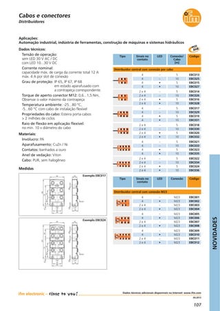 NOVIDADES
107
04.2013
Distribuidores
Dados técnicos:
Tensão de operação:
sem LED 30 V AC / DC
com LED 10...30 V DC
Corrente nominal:
capacidade máx. de carga da corrente total 12 A
máx. 4 A por slot de conexão
Grau de proteção: IP 65, IP 67, IP 68
em estado aparafusado com
a contrapeça correspondente.
Torque de aperto conector M12: 0,6...1,5 Nm,
Observar o valor máximo da contrapeça
Temperatura ambiente: -25...80 °C,
-5...60 °C com cabo de instalação flexível
Propriedades do cabo: Esteira porta cabos
> 2 milhões de ciclos
Raio de flexão em aplicação flexível:
no mín. 10 x diâmetro do cabo
Materiais:
Invólucro: PA
Aparafusamento: CuZn / Ni
Contatos: banhados a ouro
Anel de vedação: Viton
Cabo: PUR, sem halogêneo
Aplicações:
Automação industrial, indústria de ferramentas, construção de máquinas e sistemas hidráulicos
1 2
43
65
18
4,773
100
22
54,5
33
39
54
M12x1
32,727
1 2
43
18
4,773
127
22
54,5
33
39
54
M12x1
5
32,727
34
6
8
5
7
Medidas
Exemplo EBC017
Distribuidor central com conexão por cabo
Distribuidor central com conexão M23
EBC001
EBC003
M23
EBC002M23
M23
EBC004
EBC009
EBC011
EBC010
EBC012
M23
Tipo Sinais no
contato
Conexão Código
4
4
2 e 4
2 e 4
LED
–
•
–
•
EBC005
EBC007
M23
EBC006M23
M23
EBC008M23
4
4
2 e 4
2 e 4
–
•
–
•
M23
M23
M23
M23
4
4
2 e 4
2 e 4
–
•
–
•
EBC013
EBC015
5
EBC02510
5
EBC02710
4
4
4
4
–
–
•
•
EBC014
EBC016
5
EBC02610
5
EBC02810
2 e 4
2 e 4
2 e 4
2 e 4
–
–
•
•
EBC017
EBC019
5
EBC02910
5
EBC03110
4
4
4
4
–
–
•
•
EBC018
EBC020
5
EBC03010
5
EBC03210
2 e 4
2 e 4
2 e 4
2 e 4
–
–
•
•
EBC021
EBC023
5
EBC03310
5
EBC03510
4
4
4
4
–
–
•
•
EBC022
EBC024
5
EBC03410
5
EBC03610
2 e 4
2 e 4
2 e 4
2 e 4
–
–
•
•
Tipo Sinais no
contato
Conexão/
Cabo
[m]
CódigoLED
Cabos e conectores
Exemplo EBC024
Dados técnicos adicionais disponíveis na Internet: www.ifm.com
 