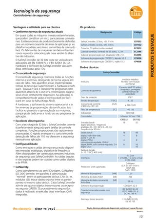 13
PRODUTOSDESTAQUE
Dados técnicos adicionais disponíveis na Internet: www.ifm.com
04.2013
Controladores de segurança
Dados técnicos
Vantagens e utilidade para os clientes
• Conforme normas de segurança atuais
Em quase todas as máquinas móveis existem funções,
que podem constituir um risco para pessoas ou mate-
riais. Existem normas de produto claramente definidas
para um número crescente de áreas de aplicação (p. ex.
plataformas aéreas veiculares, caminhões de coleta do
lixo). Os fabricantes de máquinas também enfrentam
novos requisitos colocados pela nova versão da direc-
tiva de máquinas.
O SafetyController de 32 bits pode ser utilizado em
aplicações até EN 13849 PL d e EN 62061 SIL cl2.
Hardware e software do SafetyController são além
disso certificadas pela TÜV.
• O conceito de segurança
O conceito de segurança monitora todas as funções
internas e externas, desligando de forma segura em
caso de falha. Nos aparelhos estão implementadas
rotinas de teste que supervisionam a hardware e soft-
ware. Todavia é fácil e conveniente programar estes
aparelhos através de CODESYS. Informações diagnó-
sticas estão diretamente disponíveis na aplicação. O
comportamento de saídas é configurável por soft-
ware em caso de falha (Keep Alive).
A hardware, a software do sistema operacional e as
ferramentas de programação são certificadas. Isto
facilita ao projetista a aprovação da sua máquina,
porque pode dedicar-se a fundo ao seu programa de
aplicação.
• Excelente desempenho:
Com a tecnologia de 32 bits o SafetyController potente
é perfeitamente adequado para tarefas de controle
complexas. Funções proporcionais são rapidamente
processadas. O rápido arranque e o curto tempo de
detecção de falhas de 110 ms oferecem a segurança
necessária na aplicação.
• Configurabilidade
Como entradas e saídas de segurança estão disponí-
veis entradas analógicas, digitais e de frequência.
Além disso podem ser conectados sensores indutivos
de segurança aos SafetyController. As saídas seguras
e não seguras podem ser usadas como saídas digitais
e de PWM.
• CANsafety
Como complemento ao perfil CANopen, CANsafety
(DS 304) permite, em paralelo à comunicação
“normal” entre os participantes do bus CAN (p. ex.
módulos I/O), trocar dados seguros entre os partici-
pantes no mesmo cabo de bus. Cada SafetyController
admite até quatro objetos transmissores ou recepto-
res seguros (SRDO). O processamento seguro dos
dados é realizado através das duas interfaces CAN
integradas.
Tecnologia de segurança
Designação Código
SafetyController, 32 bits, 16 E / 16 A CR7032
SafetyController, 32 bits, 32 E / 48 A CR7132
Conector, 55 pólos (confeccionável) EC2013
Cabo de conexão, conector de 55 pólos, 1,2 m EC2086
Cabo de programação com adaptador USB, 2 m EC2096
Software de programação CODESYS, alemão V2.3 CP9006
Software de programação CODESYS, inglês V2.3 CP9008
Os produtos
SafetyController
Invólucro
invólucro metálico
fechado com fixação
por flange
Conexão de aparelhos
Conector AMP 55 pólos,
bloqueado, protegido
contra inversão de
polaridade
Grau de proteção IP 67
Tensão de operação [V DC] 8...32
Consumo de corrente [mA]
(CR7032 / CR7132)
≤ 160 / 320
Faixa de temperatura [°C] -40...85
Indicadores LED RGB
Controlador Infineon TriCore 1796
Entradas (total)
digital (positivas / negativas)
analógica (0...10 / 32 V, 0...20 mA)
Frequência (≤ 30 kHz)
CR7032
16
CR7132
32
Saídas (total)
digital, high-/low-side,
ponte H (2/4 A)
digital, PWM,
com corrente regulada, (2/4 A)
digital, PWM, com corrente regulada, 2 A
digital (2 A)
16
4
4
8
48
8
8
16
16
Saída de tensão
5 / 10 [V DC], 400 [mA]
1
Interfaces
4 x CAN
1 x RS232, 1 x porta virtual
COM (USB)
Protocolos CAN suportados
CANopen
(CiA DS 301 V4.01)
e DSP 306
SAE J 1939
Memória de programa [MB] 1,25
Memória de dados RAM [kB] 256
Memória de dados remanente [kB]
Auto-Save
56 (4)
Software de programação CODESYS V2.3
Características relacionadas com
segurança
IEC 62061 SIL cl2
ISO 13849-1 PL d
DC 90...99 %
Normas e testes (excerto)
CE,
E1 (UN/ECE R10),
EN 50 155
 