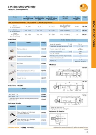 17
PRODUTOSDESTAQUE
11.2012
Sensores de temperatura
Acessórios
Modelo Versão Código
Tensão de operação [V DC] 10...34
Precisão do ponto de ajuste
1 %
do MEW
À prova de curto-circuito •
Display LED
2 x 7
Segmento vermelho
Capacidade de carga de corrente [mA] 2 x ≤ 150
Dados técnicos comuns
Cabos de ligação
Modelo Versão Código
Cabo de ligação, M12, blindada
2 m preto, cabo PUR
E11986
Cabo de ligação, M12, blindada
10 m preto, cabo PUR
E12074
Consumo de corrente [mA] ≤ 30
Grau de proteção IP 65
Proteção contra inversão de polaridade •
Versão CódigoRange
de temperatura
[°C]
Gama de compri-
mento de onda
[μm]
Material
da lente
Tempo
de resposta
[ms]
M30, 2 saídas de comutação · Função de saída 2 x NO / NC programáveis
TW7000
Sensor
de temperatura IV
50...500 8...14
lente de cristal com
revestimento anti-
reflexo
< 100
Sensor
de temperatura IV
250...1250 1,0...1,7
Relação de
distância / ângulo
de abertura
25:1 / 2,3°
95:1 / 0,6° lente anti-reflexo < 2
Fibra óptica, 2 m E35061
Fibra óptica, 5 m E35062
Cabeçote do sensor, lente de encaixe para sensores de
temperatura IV
E35060
Ejector axial de ar E35063
Guarnição de refrigeração E35064
Braçadeira E35065
Tubo de proteção com saliência E35066
Isolador térmico E35067
Medidas
1) Botões de programação
2) Display alfanumérico de 2 dígitos
TW7001
Sensor
de temperatura
para fibras ópticas
350...1350 1,0...1,7 70:1 / 0,8° lente anti-reflexo < 2 TW7011
L+
L
2
5
1
4
3
Out 1
Out 2
Test Input
screen
Esquema de ligação
Acessórios TW7011
Versão Código
Dados técnicos adicionais disponíveis na Internet: www.ifm.com
Sensores para processo
21
28
5175,5
M30x1,5
155
M12x1
5 362 x LED
85,575,5
M30x1,5189
M12x1
5 361 2 2 x LED
28
21
28
54,575,5
M30x1,5
1/4“-36UNS-2A
163
M12x1
5 362 x LED
TW7000
TW7001
TW7011
 