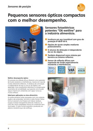 6
Sensores fotoelétricos
potentes “O6 wetline” para
a indústria alimentícia.
Melhor desempenho óptico
Os sensores de reflexão difusa oferecem uma supressão
de fundo resistente a interferências, mesmo em caso de
fundos altamente reflexivos. A distância de comutação
é independente do tipo ou da cor do objeto a ser
detectado. Uma característica distintiva é a compensação
automática de sensibilidade, que garante uma função
segura mesmo em ambientes com vapor, fumo ou
muitos reflexos.
Ideal para aplicações na área alimentícia
Os potenciômetros estão equipados com uma vedação
dupla e são embutidos, tal como o vidro frontal. Dessa
forma é possível uma limpeza sem deixar resíduos.
Graças à tampa transparente preta do invólucro, os
LEDs têm ótima visibilidade mesmo em ambientes bem
iluminados. O vidro frontal revestido é produzido em
plástico resistente que não estilhaça.
Invólucro em aço inoxidável com grau de
proteção IP 68/IP 69 K.
Opções de ajuste simples mediante
potenciômetro.
O alcance de detecção é independente
da cor do objeto.
Também disponível como sistema por
barreira ou sistema reflexivo.
Sensor de reflexão difusa com
supressão de fundo especialmente
resistente a interferências.
Pequenos sensores ópticos compactos
com o melhor desempenho.
Sensores de posição
 
