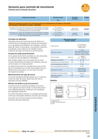 NOVIDADES
53
04.2013
Mais dados técnicos
DS2503, DS2603
Exemplos de aplicação:
Aplicações típicas do monitoramento de deslize en-
contram-se em embreagens de motores de combustão,
p. ex. geradores de emergência em hospitais, motores
diesel de navios e locomotivas, mas também máquinas
encadeadas como máquinas de trabalho móveis,
máquinas de fiação, de costura ou de ferramenta.
Funções de saída parametrizáveis
Se os valores limite forem excedidos ou não alcançados,
as saídas de relé são ligadas ou desligadas.
Elas também podem ficar comutadas até um reset
manual. Opcionalmente podem ser resetadas automati-
camente após um tempo ajustável.
As saídas de transistor de uso alternativo são comuta-
das em simultâneo com os relés. Estas podem ser p.ex.
diretamente conectadas a um CLP, para transmitir
mensagens do estado.
Monitoramento do cabo de sensor
O monitor de deslize DS2603 dispõe de um monitora-
mento do cabo de sensor. Neste caso têm de ser
aplicados sensores NAMUR.
Monitor de deslize ou de sincronismo?
À primeira vista os monitores de deslize e de sincro-
nismo operam do mesmo modo. Contudo eles fazem
uma avaliação diferente, sendo por isso concebidos
para aplicações diferentes.
O monitor de deslize monitora as variações percentuais
entre duas velocidades (diferença de pulso por rotação).
O monitor de sincronismo pelo contrário detecta
diferenças de pulso absolutas.
Dados técnicos adicionais disponíveis na Internet: www.ifm.com
Medidas
45 124,7
78
35,5
3
2
1
1 2 3 4 65
7 8 9 10 1211
13 14 15 16 1817
19 20 21 22 2423
Sistemas para avaliação de pulsos
Sensores para controle de movimento
Sistema de avaliação de pulsos com microprocessador para monitoramento de deslize e sincronismo
e da frequência; velocidade de rotação e velocidade
1 entrada com 1 ponto de comutação para monitoramento de deslize;
1 ponto de comutação para monitorar se o valor ajustado é excedido
ou não alcançado e para faixa aceitável
110...240 AC
(50...60 Hz) / 27 DC
(tip. 24 DC)
PNP / NPN;
NAMUR (24 V)
DS2503
1 entrada com 1 ponto de comutação para monitoramento de deslize;
1 ponto de comutação para monitorar se o valor ajustado é excedido
ou não alcançado e para faixa aceitável
110...240 AC
(50...60 Hz) / 27 DC
(tip. 24 DC)
NAMUR
(EN 50227)
DS2603
Saídas de relé
2 comutadores
6 A (250 V AC);
B300, R300
Saídas de transistor
2 x PNP;
alimentado externamente
24 V DC / máx. 15 mA;
resistente a curtos-circuitos
Faixa de ajuste [Imp/min]
1...60000
(0,1...1000 Hz)
Temperatura ambiente [°C] -40...60
Temperatura de armazenamento [°C] -40...85
Grau de proteção do invólucro IP 50
Grau de proteção dos terminais IP 20
Indicação de função
Display OLED;
128 x 64 pixels
autoiluminado
Indicação do sinal de entrada LED amarelo
Indicação do estado LED
de comutação
verde
1) Display OLED
2) Botões de programação
3) LEDs
Função de comutação Tensão nominal
[V]
Entradas
de pulso
Código
 