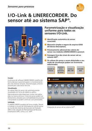 70
Parametrização e visualização
uniforme para todos os
sensores I/O-Link.
Integração do sensor até ao sistema SAP®
Identificação automática do sensor
conectado.
Manuseio simples e seguro do arquivo IODD
(IO Device Description).
Processamento adicional dos valores do
sensor nos módulos LINERECORDER é possível.
Passagem livre dos sinais do sensor até ao
sistema SAP®.
Os valores de sensor a serem detectados e seu
modo de visualização podem ser livremente
selecionados.
I/O-Link & LINERECORDER. Do
sensor até ao sistema SAP®
.
Função
A estrutura de software LINERECORDER simplifica de
forma decisiva a parametrização e o monitoramento
dos mais diversos sensores. Parametrização uniforme
possível para cada sensor I/O-Link.
Visualização
Os valores lidos do sensor são automaticamente
visualizados em forma de tabela ou gráfico.
Opcionalmente estão disponíveis muitas mais aplica-
ções na mesma estrutura: Sinais do sensor podem ser
diretamente utilizados para rastreabilidade do processo
e do produto ou podem continuar a ser processados.
Utilidade
O LINERECORDER completa de forma simples, flexível
e modular o circuito de informação do sinal do sensor
ao mundo dos Sistemas de Execução da Produção
(MES) e das soluções do Planejamento de Recursos
Empresariais (ERP), como p. ex. SAP®.
baseado na
internet
reconheci-
mento
automático
do sensor
conexão a
MES / ERP
rastreabili-
dade
Sensores para processo
 