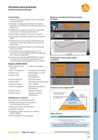 NOVIDADES
71
11.2012
Software de parametrização
Dados técnicos adicionais disponíveis na Internet: www.ifm.com
Módulos LINERECORDER
• OEE / Machine data
aquisition
• Alarm management
• Process trace
• Product trace
• Tool management
• Maintenance
• Material manager
• Order management
• Process control
• ERP connection
Características
• Software de parametrização uniforme para todos
os sensores IO-Link.
• Detecção e visualização automática dos valores
do sensor. A visualização dos valores do sensor é de
seleção livre.
• Ampliação dos valores do sensor com metadados
(criação de uma etiqueta identificadora).
• Identificação automática do sensor conectado.
• Atualização e ampliação simples da base de dados
IODD.
• Armazenamento de conjuntos de dados de para-
metrização e atribuição a diferentes sensores do
mesmo tipo.
• Segurança operacional mediante restauração dos
valores por defeito.
• Processamento dos valores do sensor com os
conhecidos módulos LINERECORDER de graduação
livre e eficácia comprovada.
• A estrutura de software LINERECORDER completa
o circuito de informação do sinal do sensor ao
mundo dos MES e das soluções ERP (p. ex. SAP®).
Utilidade para os clientes
• Aumento da qualidade do processo
• Redução dos tempos de colocação em
funcionamento e de parada
• Redução do tempo de treinamento
• Utilização uniforme
• Ampliação modular possível com módulos
LINERECORDER
• Maior transparência na produção
- Eficácia da instalação
- Mensagens da instalação
- Identificação e currículo
- Identificação
e componentes
- Gerir ferramentas
- Gerir planos de manutenção
- Gerir material
- Sequência de produção
com sistema
- Agenda e bloqueio
- Conexão a sistemas
estabelecidos
Licença adaptada às necessidades mediante o número
de módulos de software utilizados
Requisitos do sistema:
Windows 2000 SP2, Windows XP SP2 ou superior, 1 GB RAM,
navegadores atuais (IE a partir de 8.0, Firefox a partir de 8.0)
LINERECORDER SENSOR APP, ZGS210
Dados técnicos
Enterprise Resource Planning,
e.g. SAP, INFOR, BaaN
Manufacturing Execution System,
e.g. LINERECORDER
– Diagnosis
– Traceability
ERP
MES
SCADA
Machine PLC
IO-Link sensors
Do sensor até ao sistema SAP®
Detecção e visualização filtrada de dados
do sensor
Parametrizar o sensor, gerir dados
e arquivos
Sensores para processo
 