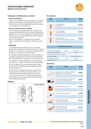 NOVIDADES
79
04.2013
Os produtos
Código
AS-i CompactM8
4 DI A/B Slave
AC2484
AS-i CompactM8
8 DI A/B Slave (1 endereço do Slave)
AC2488
Medidas
M8x1
17
23,5
4,24,2
30
90,5
574,2
16
1122
M12x1
Exemplo AC2484
Vantagens e utilidade para os clientes
• Grau de proteção
Devido ao seu elevado grau de proteção, os módulos
podem ser aplicados no campo, perto do processo.
Dessa forma se evitam longas distâncias entre senso-
res / atuadores e o painel elétrico.
• Leves e requerem pouco espaço
Os módulos CompactM8 podem ser utilizados em
espaços confinados devido à sua largura reduzida de
apenas 30 mm. Por isso podem ser montados de pre-
ferência na área de manuseamento e de montagem
ou em braços de robô.
Mais uma vantagem: O revestimento hermético
torna-o especialmente resistente a choques e vibra-
ções.
• Utilização
O endereçamento dos módulos AS-i é realizado
através do conector M12 do lado frontal. Os módulos
podem ser conectados à unidade de endereçamento
através de um cabo de conexão padrão.
Os módulos M8 estão disponíveis como módulos dis-
tribuidores passivos com conexão de cabo redondo,
M12 (8 pólos), M16 (14 pólos) e como variante AS-i.
Os módulos AS-i estão disponíveis com 4 entradas,
2 entradas e 2 saídas e ainda com 8 entradas digitais.
Os três módulos são exclusivamente alimentados
através de AS-i, dispensando uma fonte de tensão
de 24 V adicional.
O LED FAULT no módulo permite ao usuário uma
localização fácil da falha. Um LED vermelho inter-
mitente assinala uma falha de periferia e indica
p. ex. um curto-circuito na alimentação do sensor.
Uma falha na comunicação porém é sinalizada por
luz vermelha permanente.
Tensão de operação (AS-i) [V DC] 26,5...31,6
Comutação de entrada PNP
Grau de proteção IP 65, IP 67, IP 68
Temperatura ambiente [°C] -25...60
Especificação AS-i 2.1 + 3.0
Modo de endereçamento ampliado •
Dados técnicos comuns
Acessórios
Tipo Versão Código
Cabo plano AS-i, amarelo, EPR (etileno-
propileno), mistura de borracha
AC4000
Terminal de cabo plano, M12 E70096
Terminal de cabo plano M12 AC5005
Terminal de cabo plano, cabo redondo
0,6 m em conector fêmea M12
E70483
Cabo de conexão, M8,
1 m, laranja, cabo de PVC
EVT162
Cabo de conexão, M8,
1 m, preto, cabo PUR
EVC267
Módulos I/O AS-Interface
Comunicação industrial
Tipo Versão
AS-i CompactM8
2DI 2DO A/B Slave
AC2482
Dados técnicos adicionais disponíveis na Internet: www.ifm.com
 