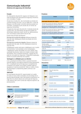 NOVIDADES
83
11.2012
Produtos
Versão Código
Função
Os interruptores de porta AS-i seguros com bloqueio e con-
trole do bloqueio são interruptores de segurança mecânicos
com 2 entradas e 3 saídas.
Através das entradas AS-i, são monitorados os contatos de
controle da porta e do íman. Com as saídas AS-i, o íman de
bloqueio e os LEDs (verde / vermelho) adicionais podem ser
acionados. A avaliação ocorre através de um monitor de
segurança AS-Interface.
A ligação do interruptor de porta AS-i é realizada através de
conector M12. Os interruptores de segurança podem ser
alimentados totalmente a partir da AS-i ou, adicionalmente
com uma energia auxiliar externa de 24 V DC.
Existem dois princípios de bloqueio:
Princípio de corrente de repouso: Bloqueio através da
força da mola. Desbloqueio através da ativação do bit de
saída AS-i D0 .
Princípio de corrente de trabalho: Bloqueio através da
ativação do bit de saída AS-i D0. Desbloqueio através da
força da mola.
O desbloqueio auxiliar serve para o desbloqueio com o auxílio
de ferramentas. Como proteção contra manipulações,
o desbloqueio auxiliar está selado com verniz selante. Para
a proteção do processo, basta uma simples conexão à rede
AS-Interface. Para a proteção de pessoas, a ligação de 24 V
pode ser comutada com segurança. A depender da aplicação,
existem 4 variantes diferentes de atuadores.
Vantagens e utilidade para os clientes
Com a ampliação de Safety at Work, é possível transmitir
sinais I/O seguros e não seguros através do mesmo barramento
AS-i. A ampliação técnica de segurança é completamente
compatível com versões mais antigas e também pode ser
equipada em sistemas já existentes. Todos os masters, fontes
de alimentação e componentes podem continuar a ser
utilizados.
Aplicação
Os interruptores de porta AS-i seguros podem ser usados
em todos os locais onde é necessária uma tecnologia de se-
gurança descentralizada. Estes interruptores conquistaram um
lugar fixo nos setores clássicos da construção de máquinas
e de sistemas, bem como na área das máquinas especiais / de
processamento.
Tensão de operação (AS-i) [V DC] 22,5...31,6
Consumo total de corrente [mA] ≤ 45
Força de bloqueio ≤ 2500 N
Vida útil 106 ciclos de comutação
Entradas orientadas para a segurança 2
Perfil AS-i S-7.B.E
Temperatura ambiente [°C] -20...55
Grau de proteção IP 67
Ligação
através de conectores
M12 x 1
Dimensões (A x L x P) [mm] 190 x 40 x 45
Tensão auxiliar
do íman de bloqueio [V DC]
24
Dados técnicos comuns
AC901S / AC902S
Acessórios
Modelo Versão Código
Trava de segurança,
metal
E7901S
Trava de segurança,
plástico
E7902S
Atuador, recto E7903S
Atuador, angular E7904S
Atuador radial, esquerdo / direito E7905S
Atuador radial, em cima / em baixo E7906S
Interruptor de porta AS-i seguro
Princípio de corrente de repouso, alimentação:
da AS-i / alimentação ext. do íman 24V DC
AC901S
Princípio de corrente de trabalho, alimentação:
desligado AS-i / alimentação ext. do íman 24V DC
AC902S
Princípio de corrente de repouso, alimentação:
da AS-i / alimentação do íman da AS-i
AC903S
Princípio de corrente de trabalho, alimentação:
desligado AS-i / alimentação do íman da AS-i
AC904S
Cabos e conectores
Modelo Versão Código
Distribuição da tensão da AS-i /
alimentação externa de 24 V
em conector M12
E70481
Distribuição da tensão da AS-i em
conector M12
E79998
Sistemas de segurança AS-Interface
Dados técnicos adicionais disponíveis na Internet: www.ifm.com
Comunicação industrial
 