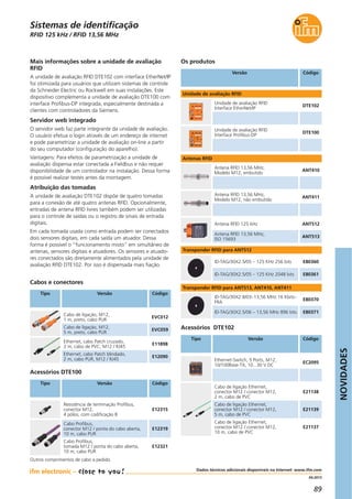NOVIDADES
89
04.2013
RFID 125 kHz / RFID 13,56 MHz
Mais informações sobre a unidade de avaliação
RFID
A unidade de avaliação RFID DTE102 com interface EtherNet/IP
foi otimizada para usuários que utilizam sistemas de controle
da Schneider Electric ou Rockwell em suas instalações. Este
dispositivo complementa a unidade de avaliação DTE100 com
interface Profibus-DP integrada, especialmente destinada a
clientes com controladores da Siemens.
Servidor web integrado
O servidor web faz parte integrante da unidade de avaliação.
O usuário efetua o login através de um endereço de internet
e pode parametrizar a unidade de avaliação on-line a partir
do seu computador (configuração do aparelho).
Vantagens: Para efeitos de parametrização a unidade de
avaliação dispensa estar conectada a Fieldbus e não requer
disponibilidade de um controlador na instalação. Dessa forma
é possível realizar testes antes da montagem.
Atribuição das tomadas
A unidade de avaliação DTE102 dispõe de quatro tomadas
para a conexão de até quatro antenas RFID. Opcionalmente,
entradas de antena RFID livres também podem ser utilizadas
para o controle de saídas ou o registro de sinais de entrada
digitais.
Em cada tomada usada como entrada podem ser conectados
dois sensores digitais, em cada saída um atuador. Dessa
forma é possível o “funcionamento misto” em simultâneo de
antenas, sensores digitais e atuadores. Os sensores e atuado-
res conectados são diretamente alimentados pela unidade de
avaliação RFID DTE102. Por isso é dispensada mais fiação.
Dados técnicos adicionais disponíveis na Internet: www.ifm.com
Sistemas de identificação
Versão Código
DTE102
Unidade de avaliação RFID
Interface EtherNet/IP
ANT512Antena RFID 125 kHz
ANT513
Antena RFID 13,56 MHz,
ISO 15693
E80360ID-TAG/30X2.5/05 – 125 KHz 256 bits
E80361ID-TAG/30X2.5/05 – 125 KHz 2048 bits
E80370
ID-TAG/30X2.8/03–13,56 MHz 16 Kbits–
FRA
E80371ID-TAG/30X2.5/06 – 13,56 MHz 896 bits
Unidade de avaliação RFID
Antenas RFID
Os produtos
DTE100
Unidade de avaliação RFID
Interface Profibus-DP
Transponder RFID para ANT512
ANT410
Antena RFID 13,56 MHz,
Modelo M12, embutido
ANT411
Antena RFID 13,56 MHz,
Modelo M12, não embutido
Transponder RFID para ANT513, ANT410, ANT411
Cabos e conectores
Tipo Versão Código
Cabo de ligação, M12,
1 m, preto, cabo PUR
EVC012
Cabo de ligação, M12,
5 m, preto, cabo PUR
EVC059
Ethernet, cabo Patch cruzado,
2 m, cabo de PVC, M12 / RJ45
E11898
Ethernet, cabo Patch blindado,
2 m, cabo PUR, M12 / RJ45
E12090
Acessórios DTE102
Tipo Versão Código
Ethernet-Switch, 5 Ports, M12,
10/100Base-TX, 10...30 V DC
EC2095
Cabo de ligação Ethernet,
conector M12 / conector M12,
2 m, cabo de PVC
E21138
Cabo de ligação Ethernet,
conector M12 / conector M12,
5 m, cabo de PVC
E21139
Cabo de ligação Ethernet,
conector M12 / conector M12,
10 m, cabo de PVC
E21137
Resistência de terminação Profibus,
conector M12,
4 pólos, com codificação B
E12315
Cabo Profibus,
conector M12 / ponta do cabo aberta,
10 m, cabo PUR
E12319
Cabo Profibus,
tomada M12 / ponta do cabo aberta,
10 m, cabo PUR
E12321
Acessórios DTE100
Tipo Versão Código
Outros comprimentos de cabo a pedido
 